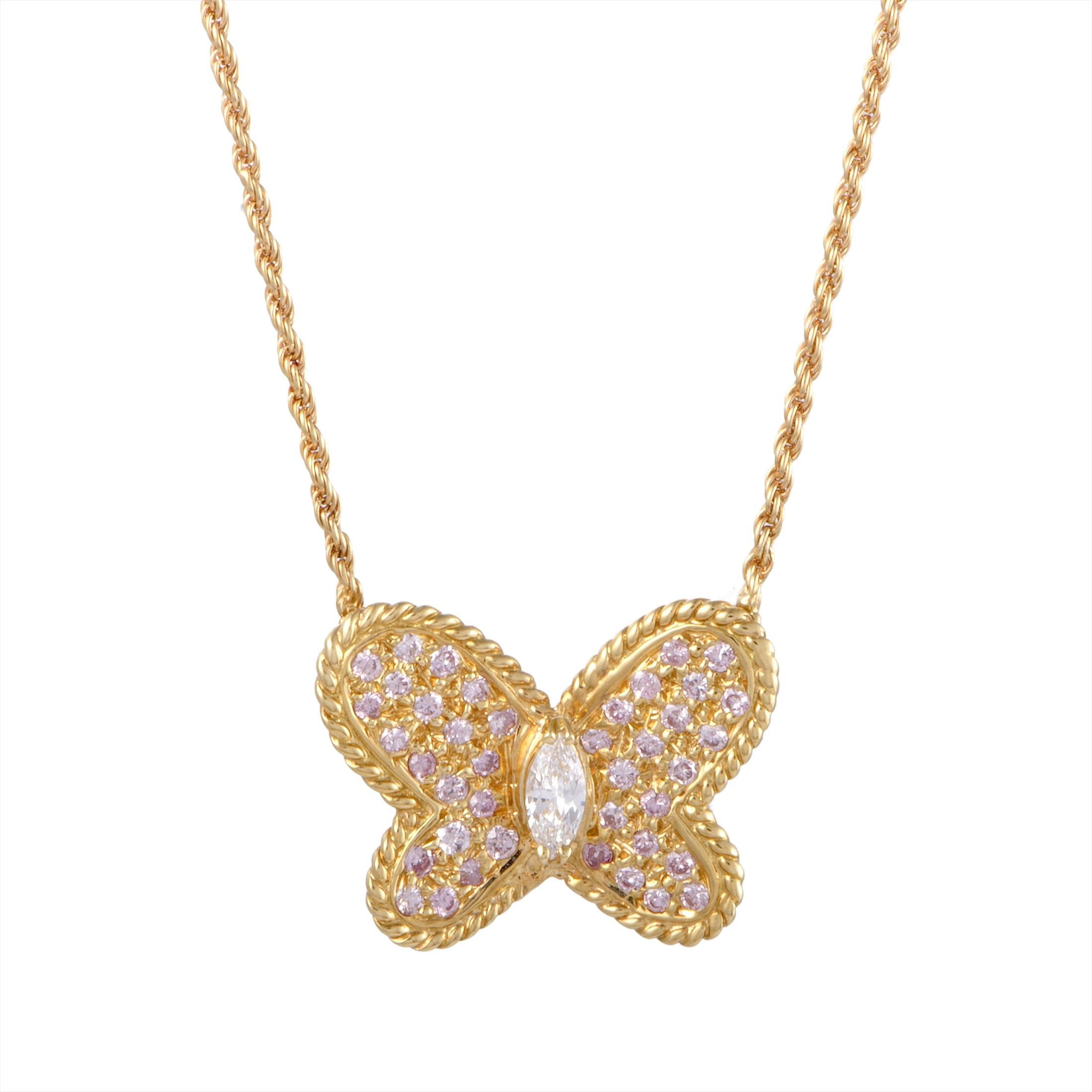 Graff White and Pink Diamonds and 18 Karat Gold Butterfly Pendant Necklace In Excellent Condition In Southampton, PA