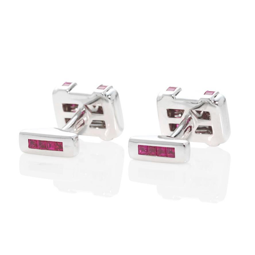 Known for their intricate settings and unusual cuts, Graff uses only the finest stones in their creations. These chic cufflinks are set with modified square-shaped step-cut rubies mounted in 18k white gold.

- Approximately 2.10 carats of ruby 
-