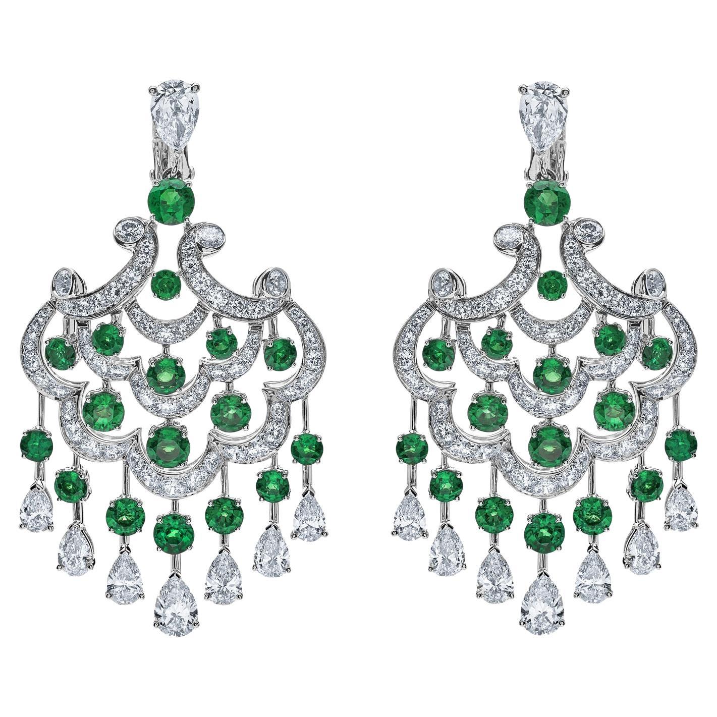 Graff  Diamond and Emerald Chandelier Earrings For Sale