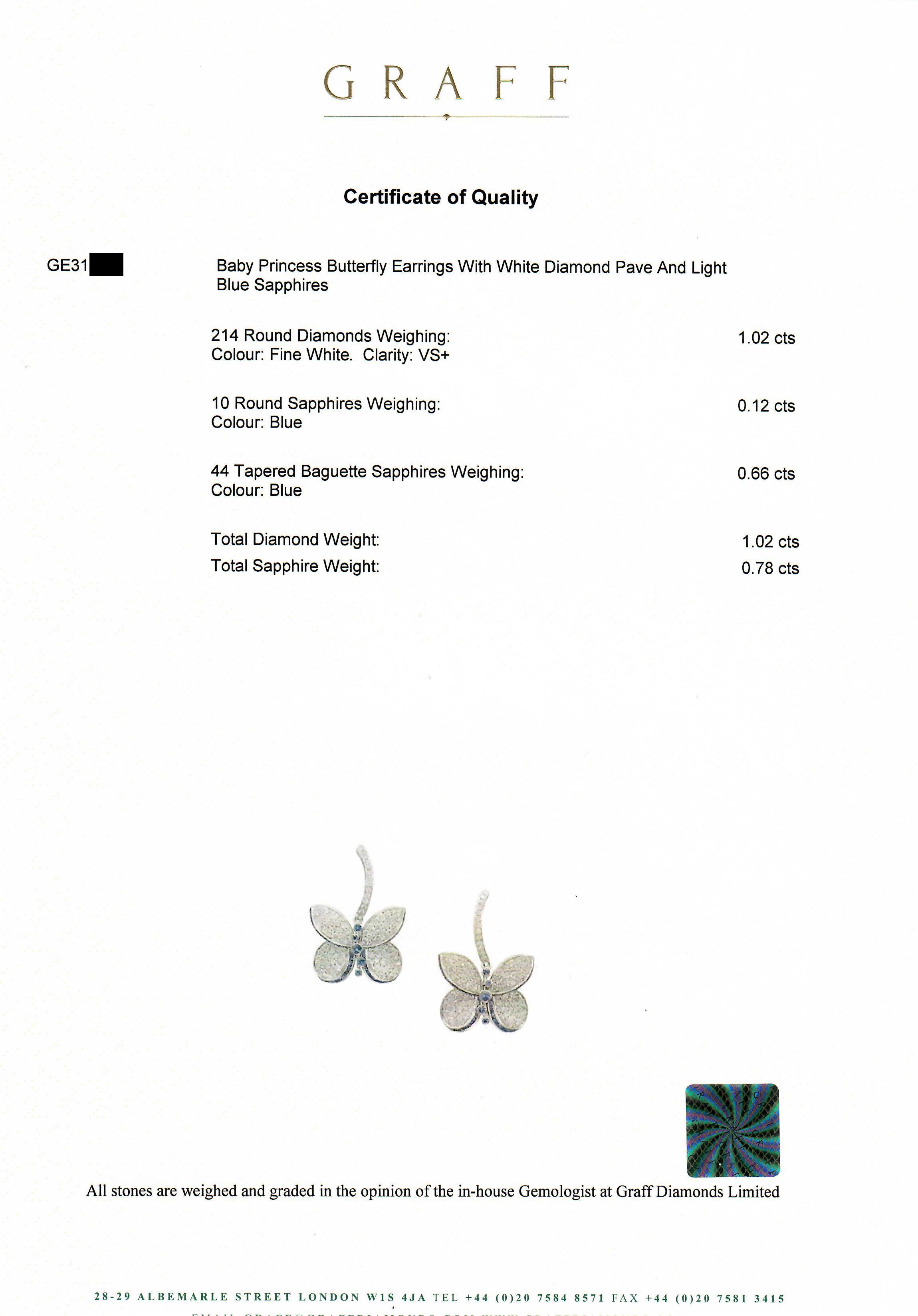 Graff White Gold Princess Butterfly w/ Diamonds and Light Blue Sapphire Earrings For Sale 1