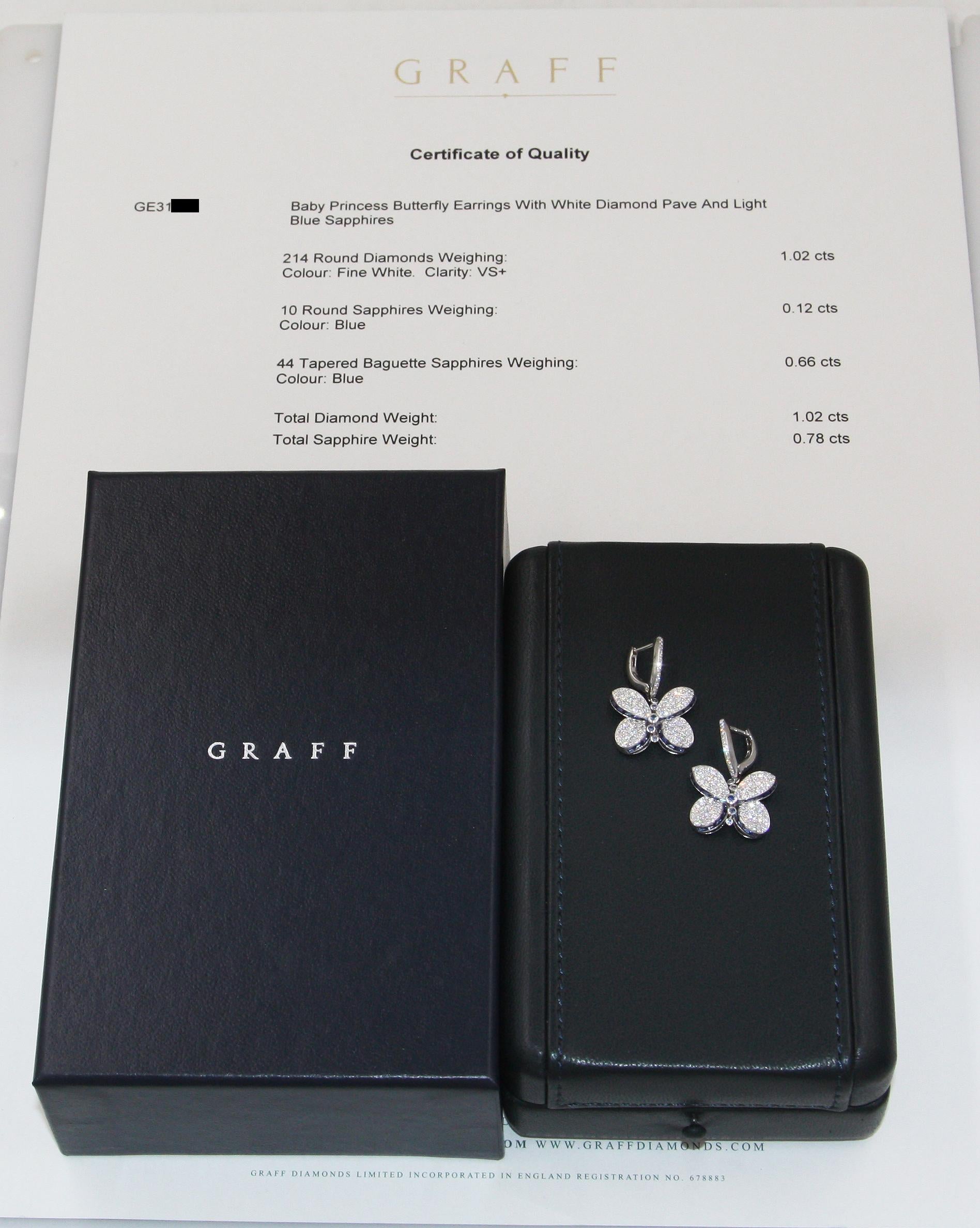 Graff White Gold Princess Butterfly w/ Diamonds and Light Blue Sapphire Earrings For Sale 2