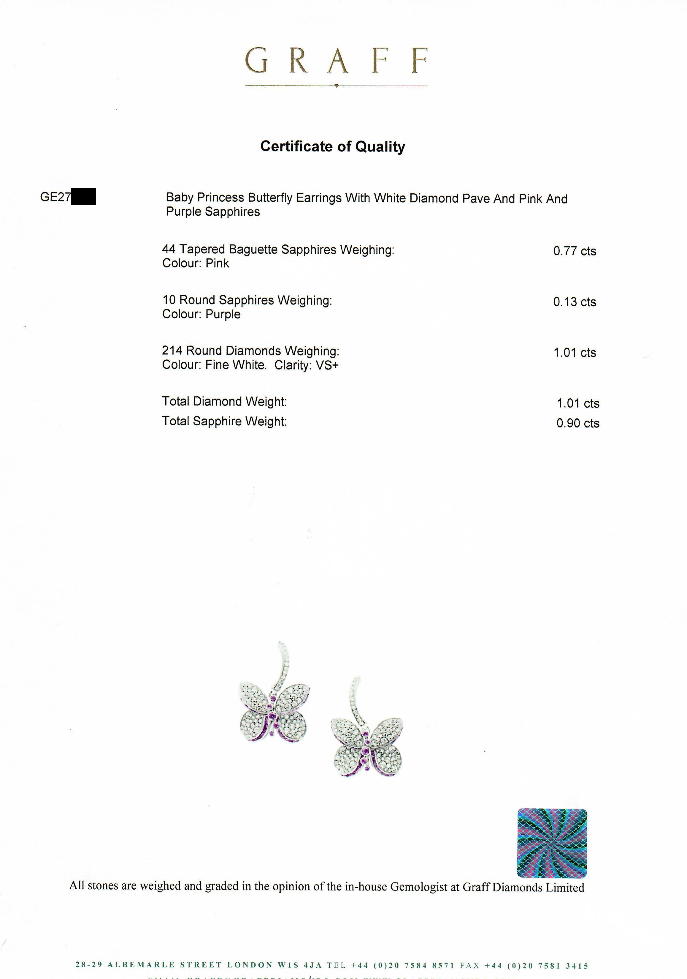 Graff White Gold Princess Butterfly w/Diamonds &  Pink & Purple Sapphire Earring For Sale 1