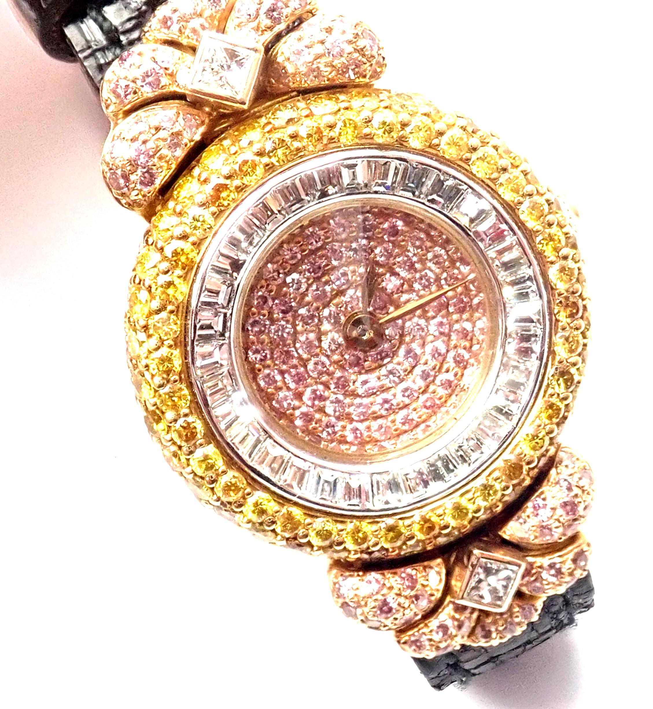 Graff White Pink and Yellow Diamond Ladies Yellow Gold Watch In Excellent Condition In Holland, PA