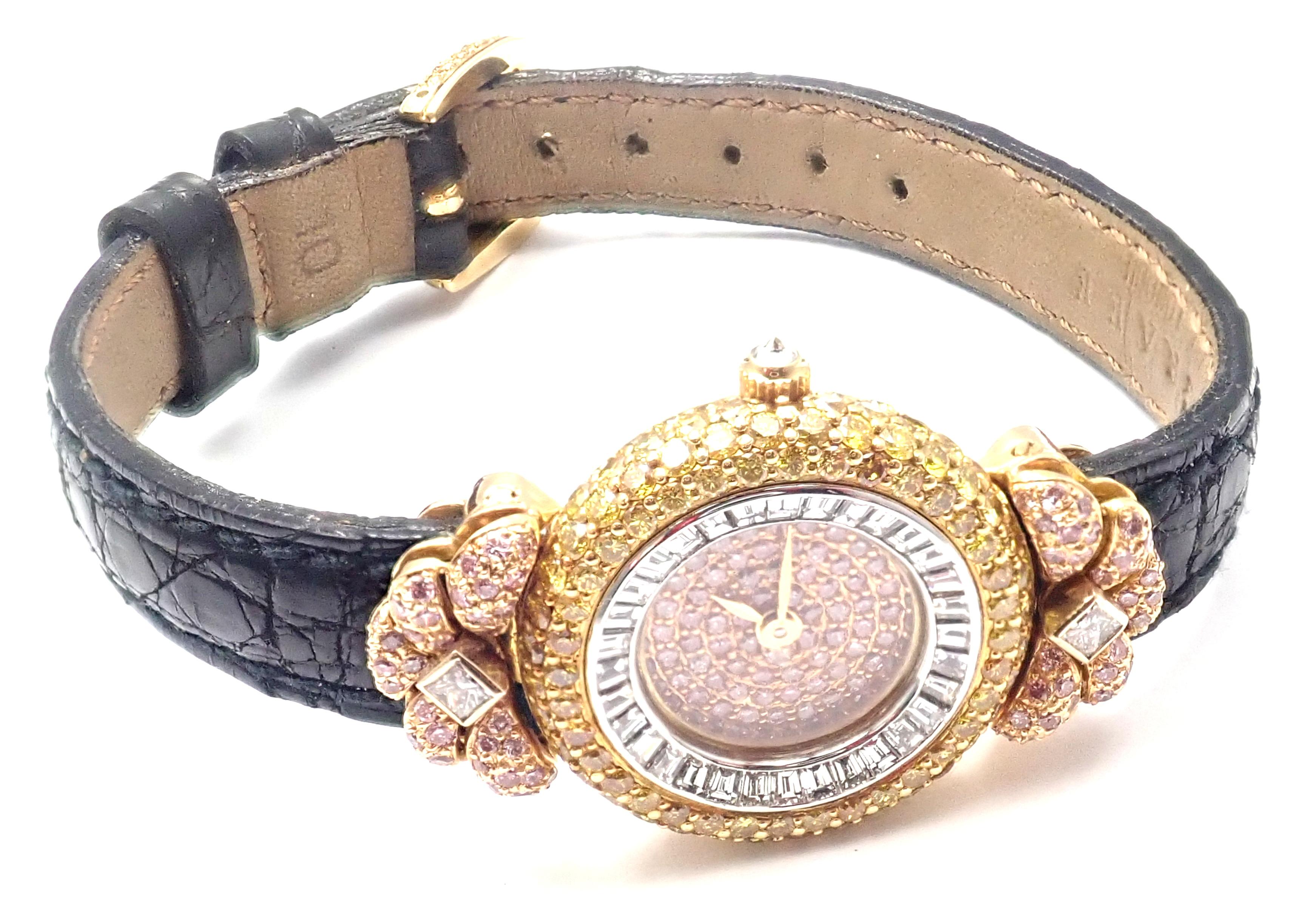 Women's or Men's Graff White Pink and Yellow Diamond Ladies Yellow Gold Watch