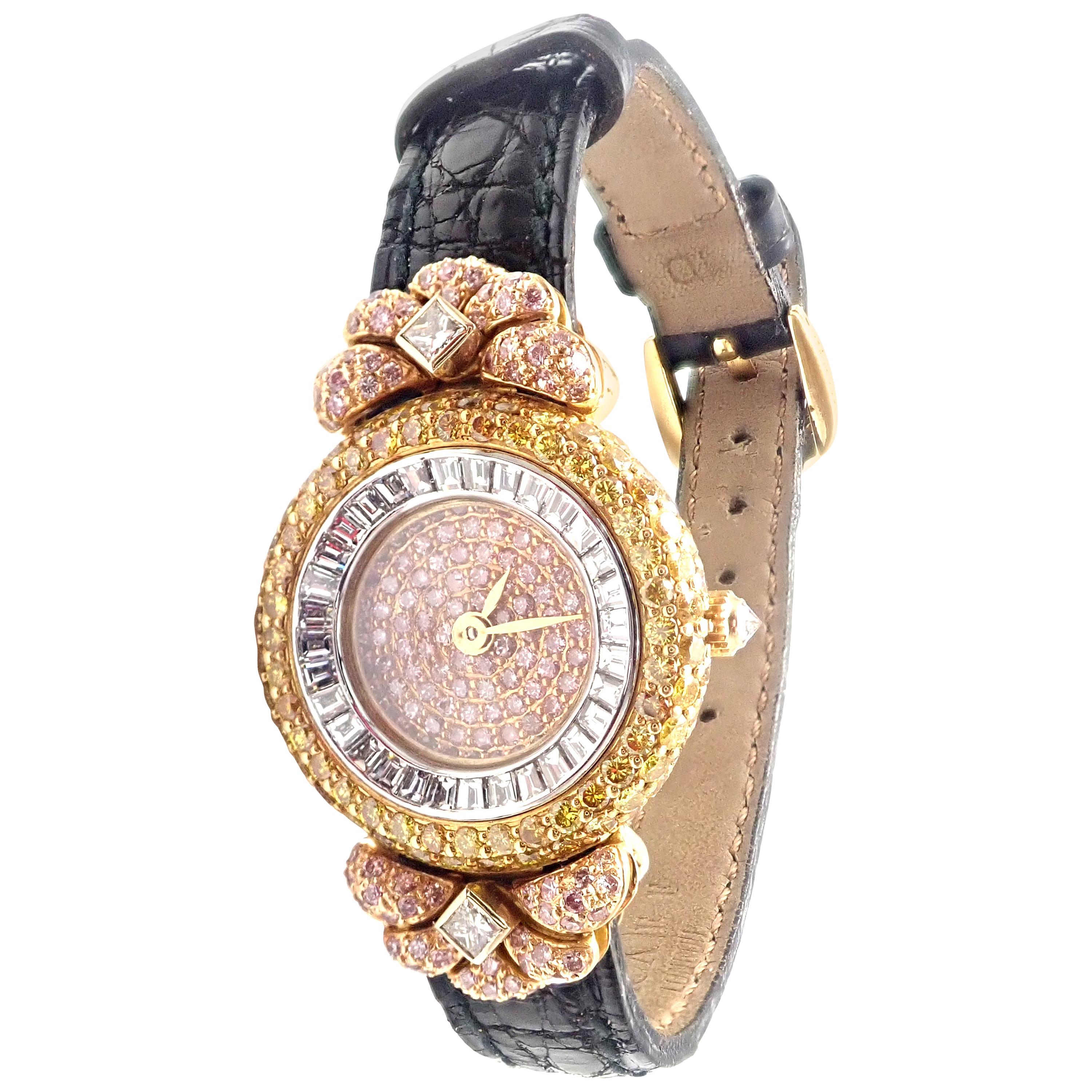 Graff White Pink and Yellow Diamond Ladies Yellow Gold Watch