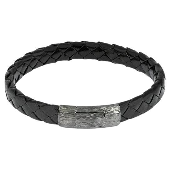 Graffiato Bracelet in Black Leather with Black Rhodium Sterling Silver, Size L For Sale