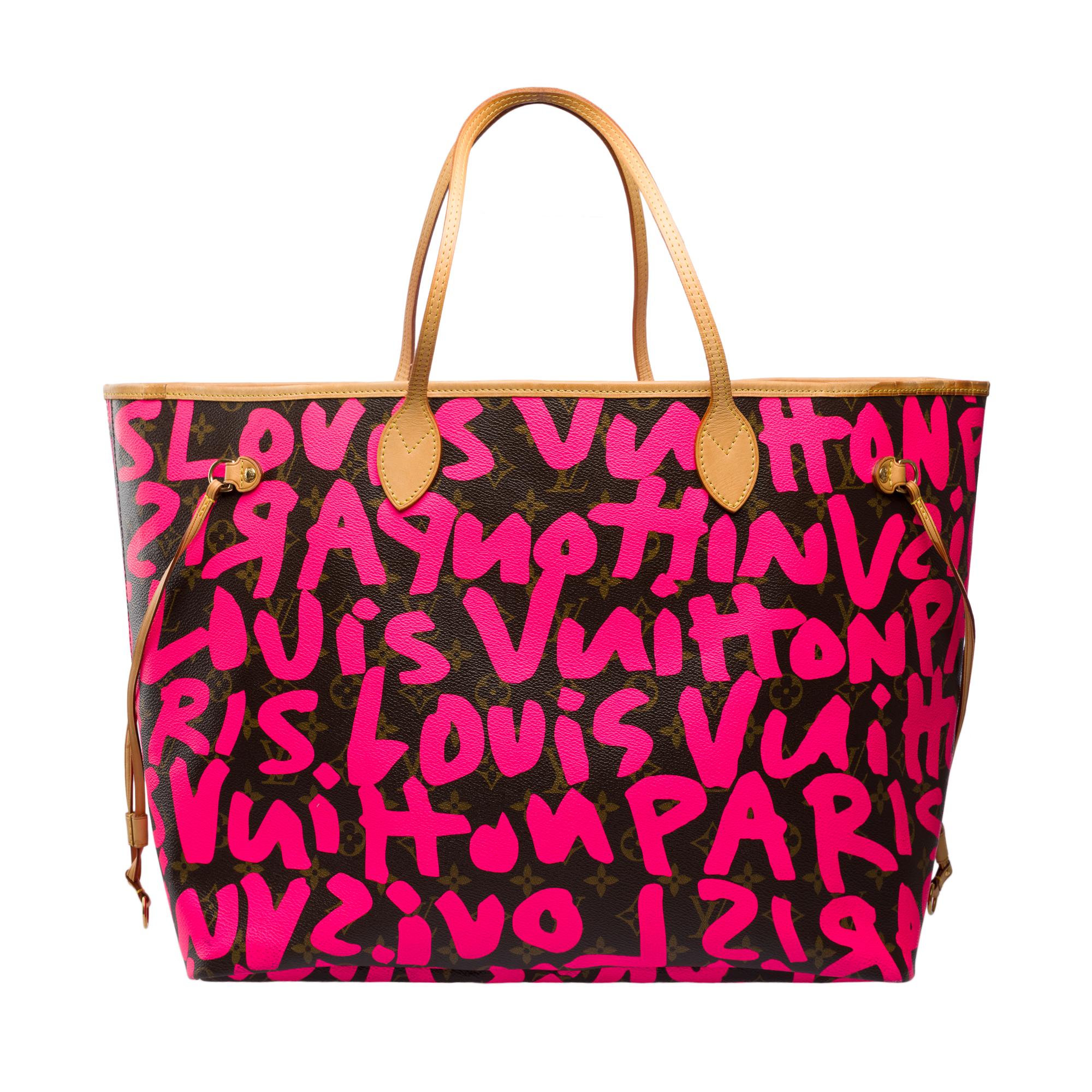 Collector​ ​Louis​ ​Vuitton​ ​Neverfull​ ​GM​ ​tote​ ​bag,​ ​limited​ ​edition​ ​Stephen​ ​Sprouse​ ​Graffiti,​ ​in​ ​brown​ ​monogram​ ​canvas​ ​covered​ ​with​ ​fluorescent​ ​fuchsia​ ​pink​ ​graffiti​ ​and​ ​natural​ ​leather,​ ​with​ ​gold-tone​