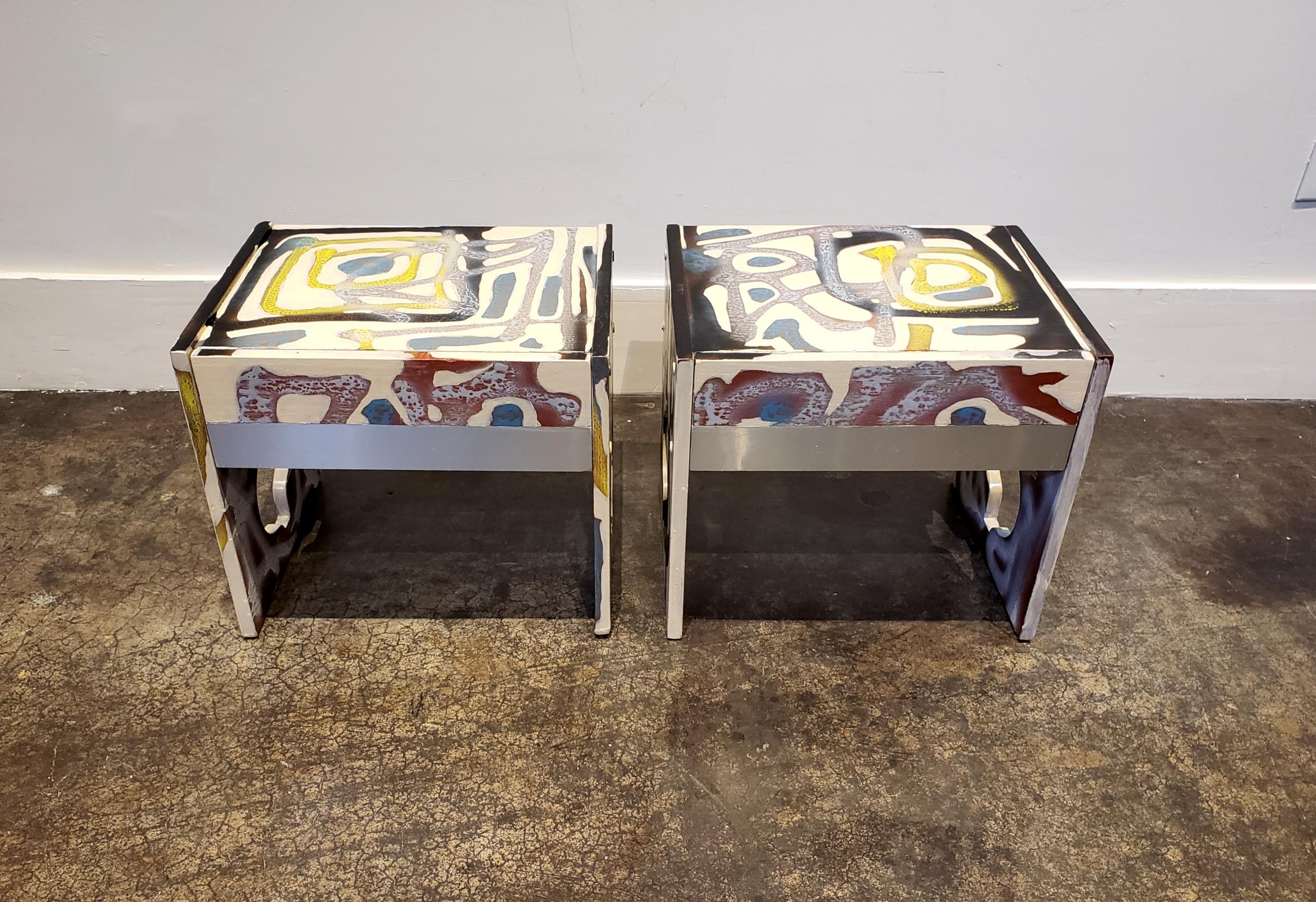 Post-Modern Graffitied Artist Painted 1970s Nightstands