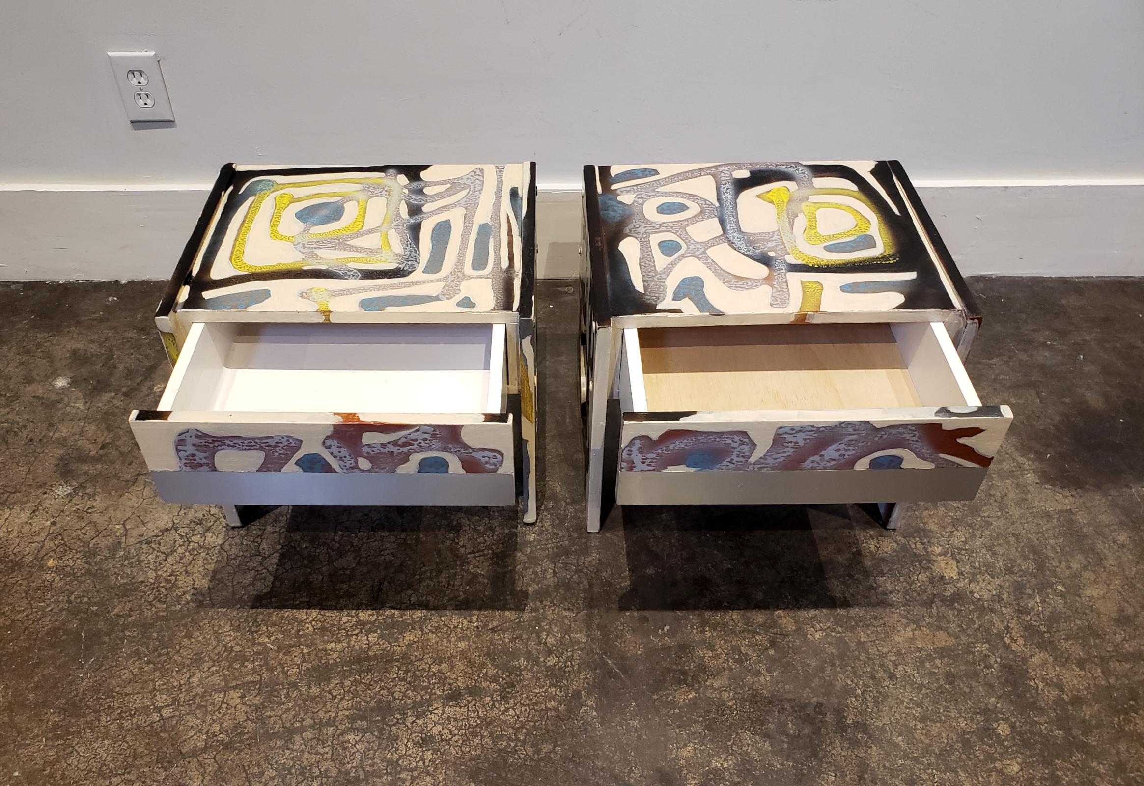 Hand-Painted Graffitied Artist Painted 1970s Nightstands