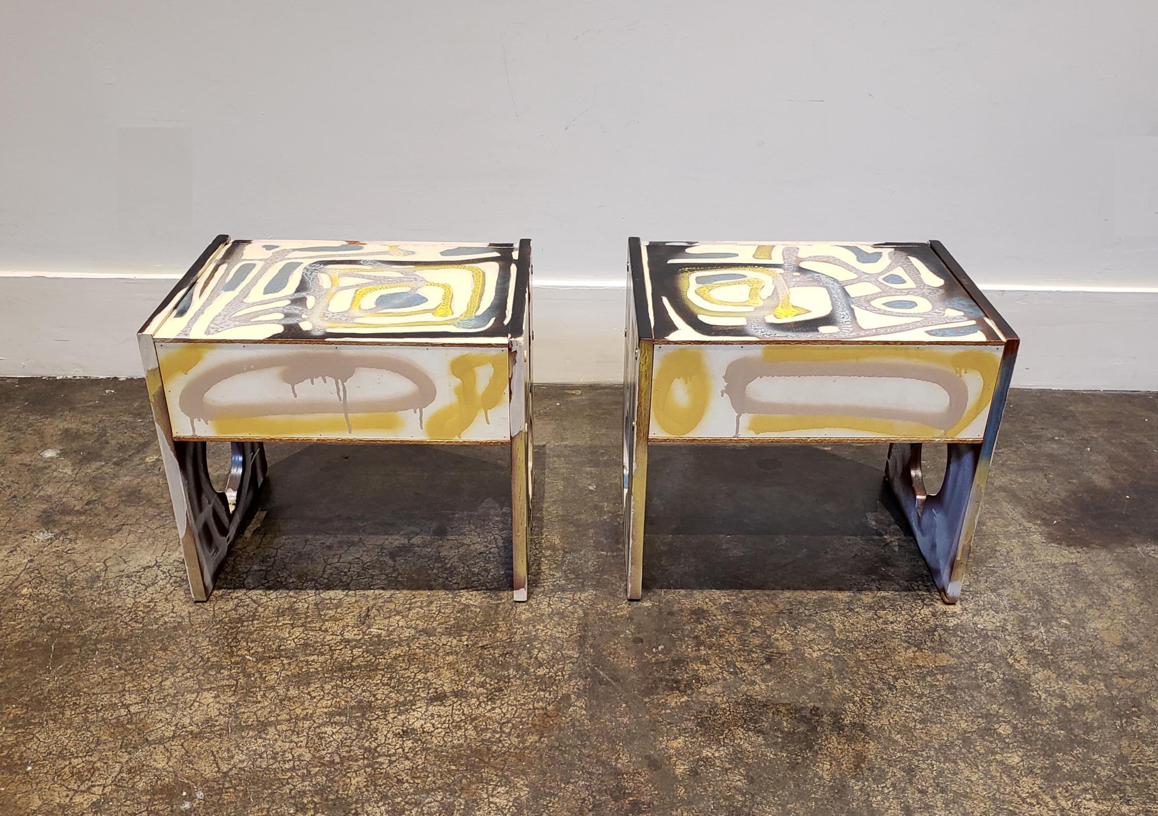 Contemporary Graffitied Artist Painted 1970s Nightstands