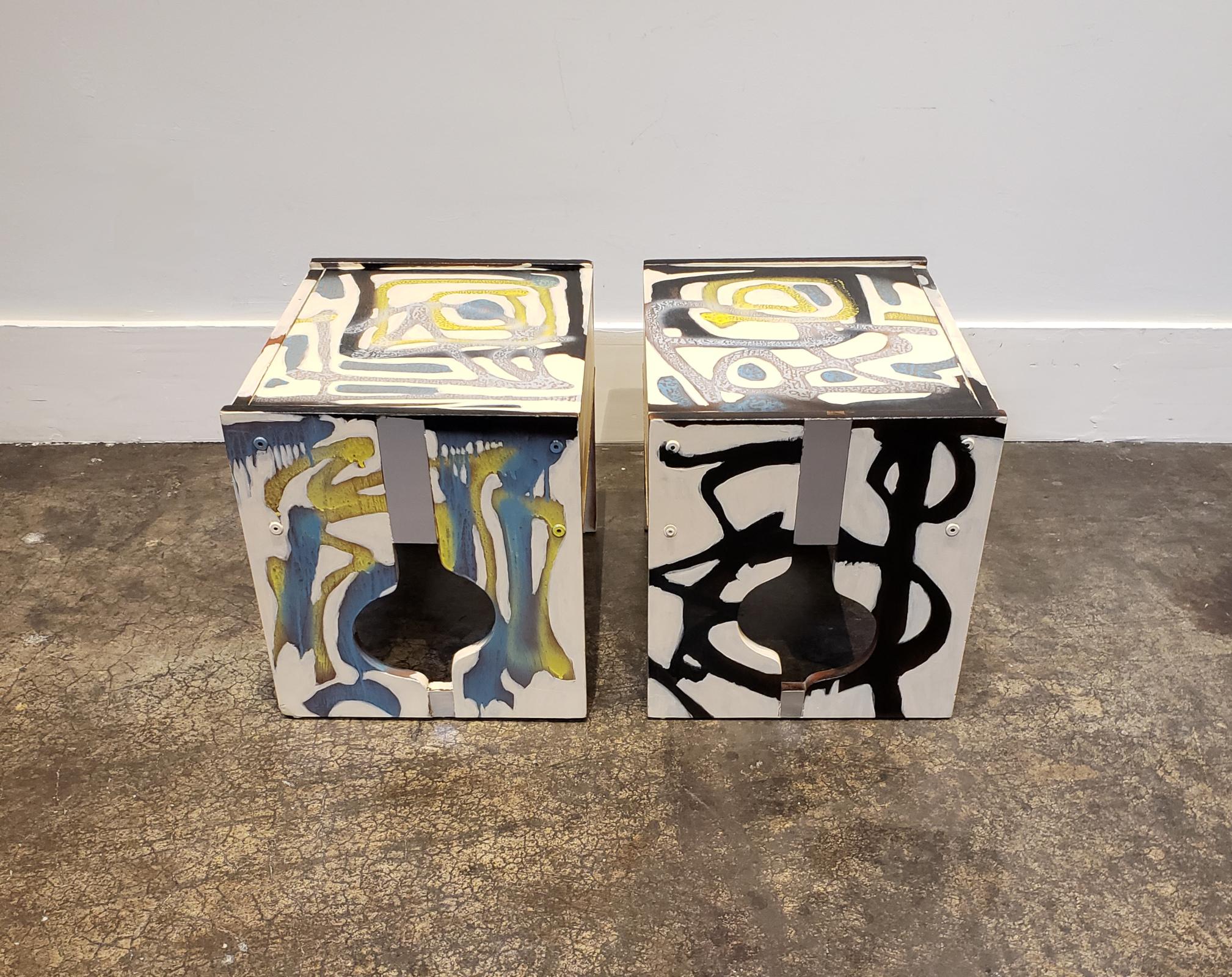 Acrylic Graffitied Artist Painted 1970s Nightstands