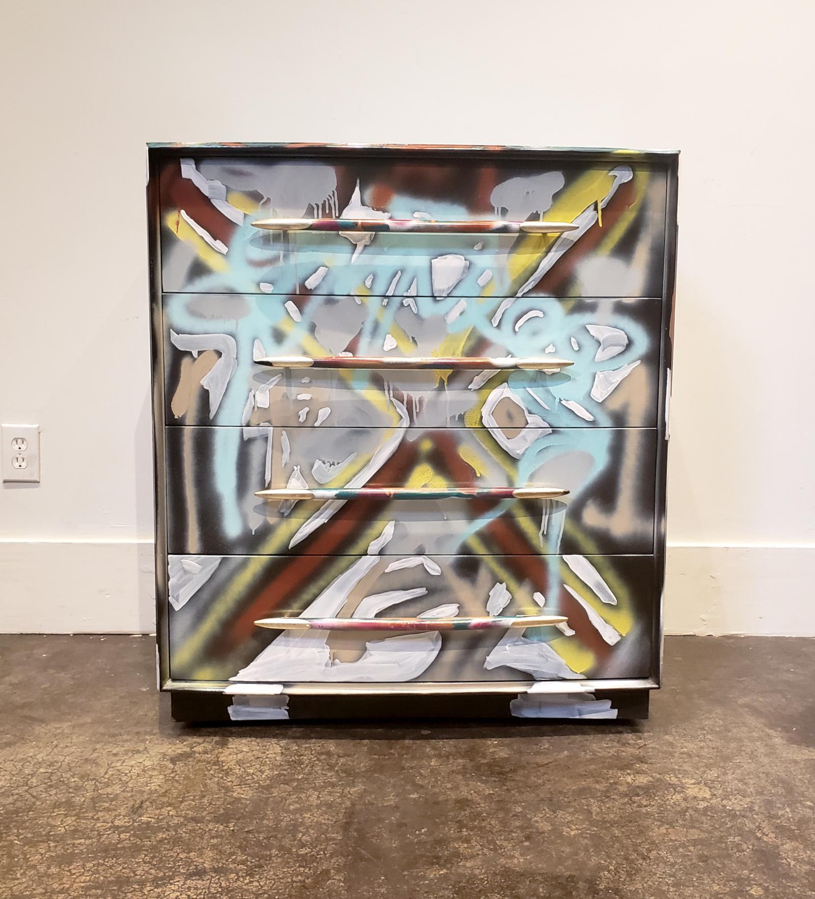All-over abstract composition hand painted in acrylic and spray-paint by artist Lionel Lamy on Vintage 1950s-1960s Robsjohn Gibbings style chest of drawers. Four large drawers, (top two with dividers) with tapered wood pulls capped with metal
