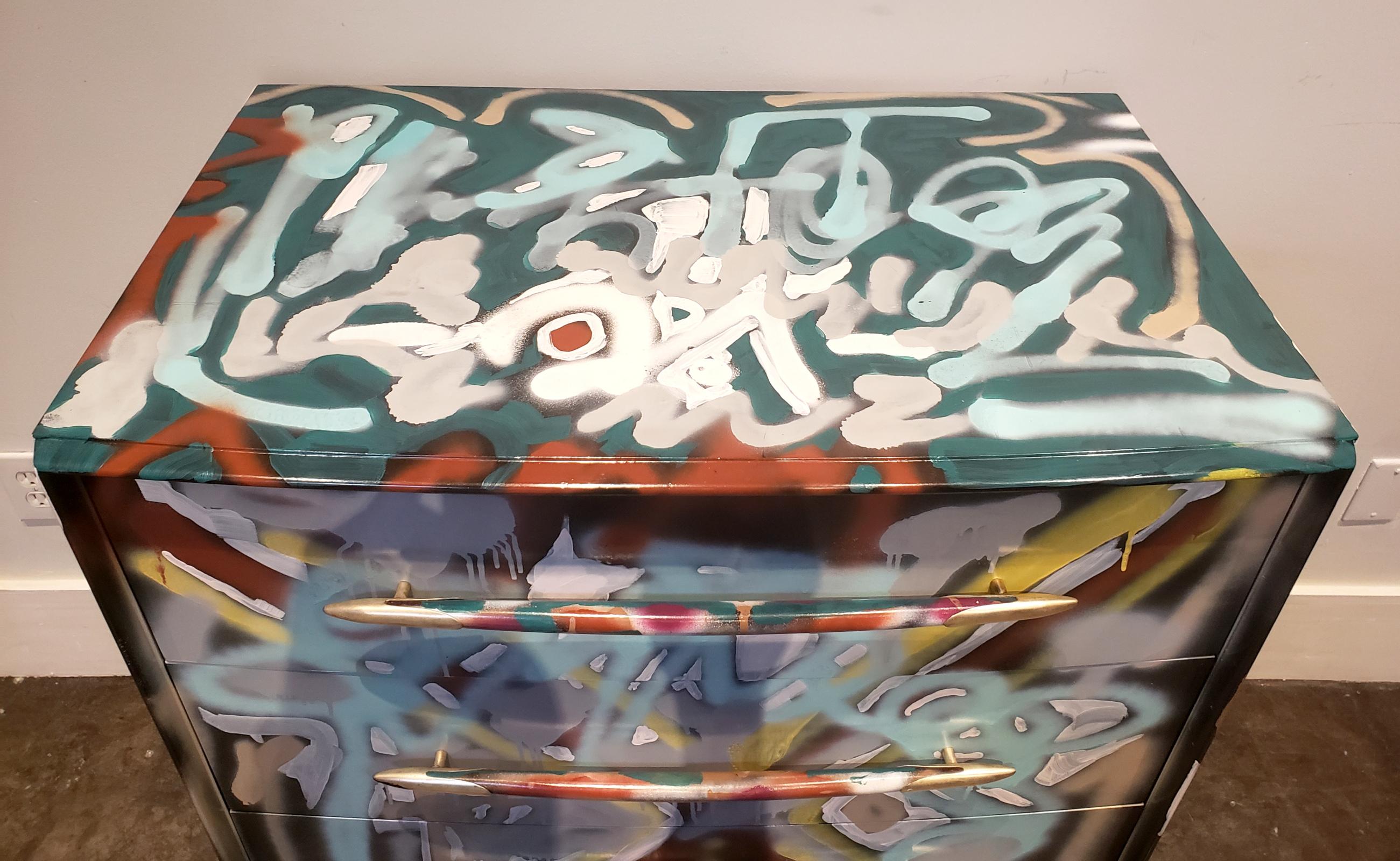 Post-Modern Graffitied Artist Painted Chest of Drawers For Sale