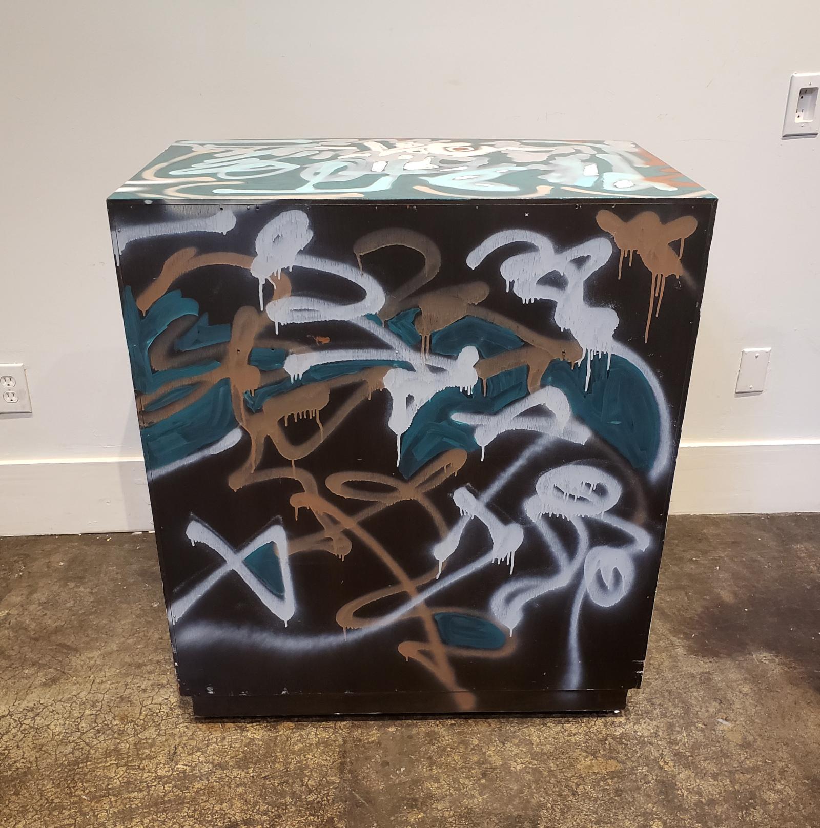 Wood Graffitied Artist Painted Chest of Drawers For Sale