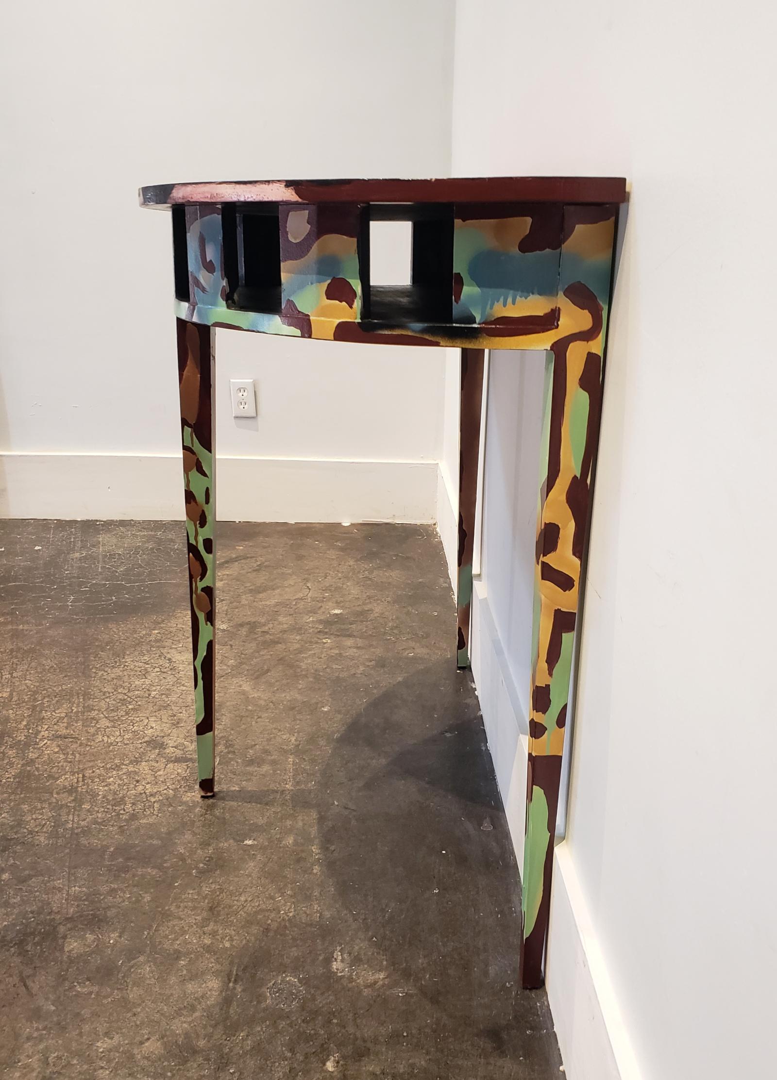 American Graffitied Artist Painted Demilune Console Table For Sale