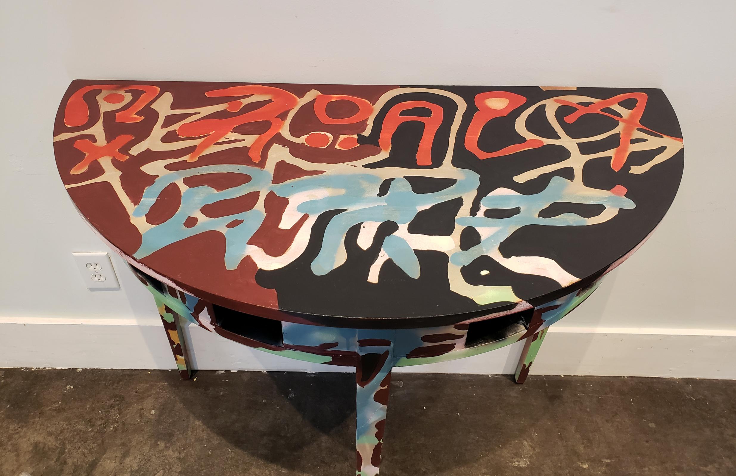 Hand-Painted Graffitied Artist Painted Demilune Console Table For Sale