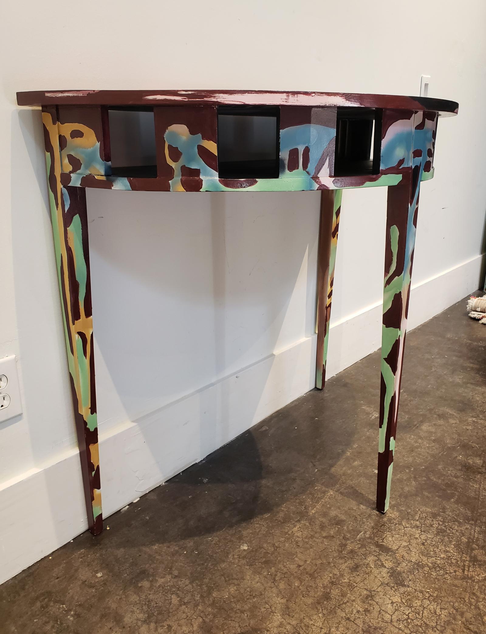 Graffitied Artist Painted Demilune Console Table In Good Condition For Sale In Dallas, TX