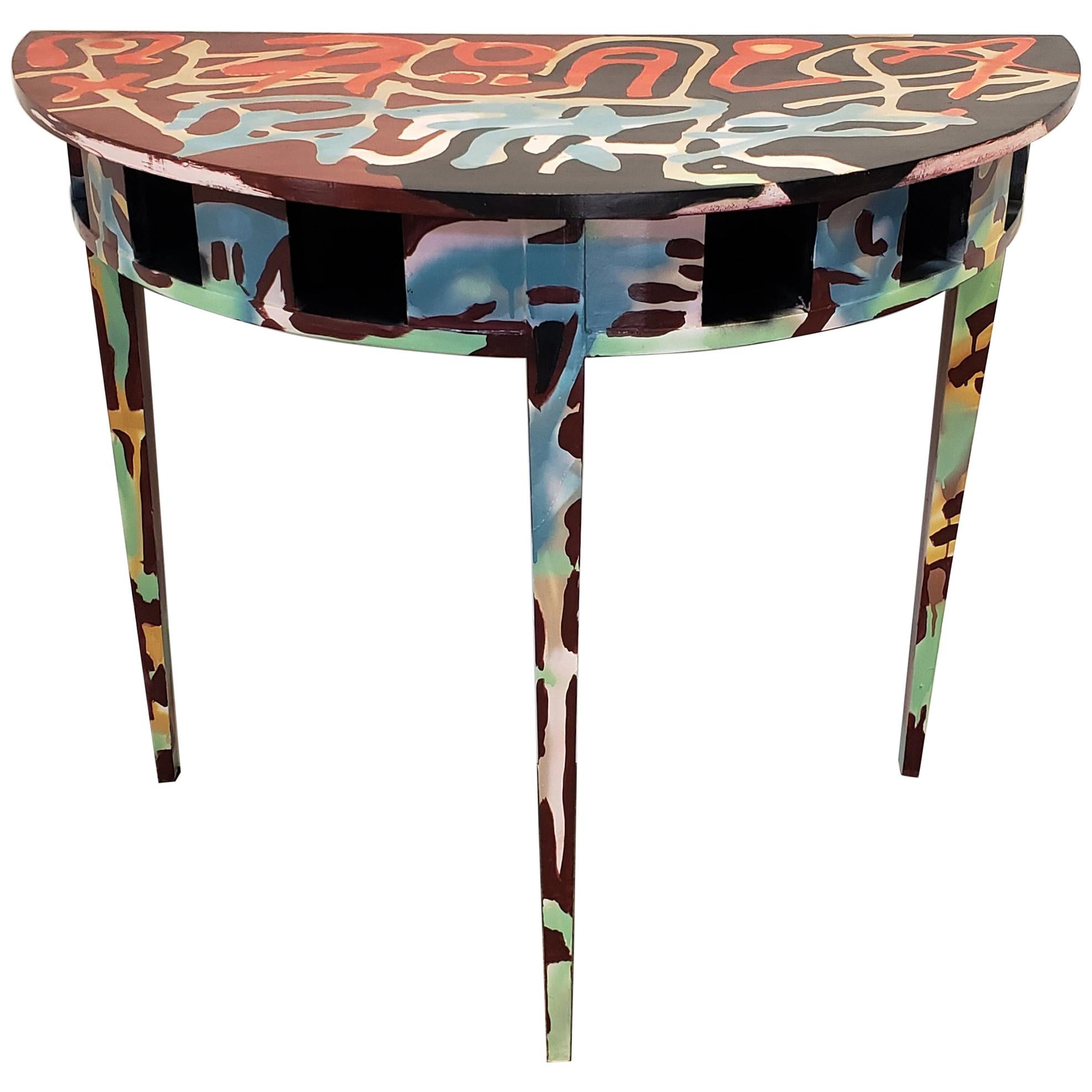 Graffitied Artist Painted Demilune Console Table For Sale