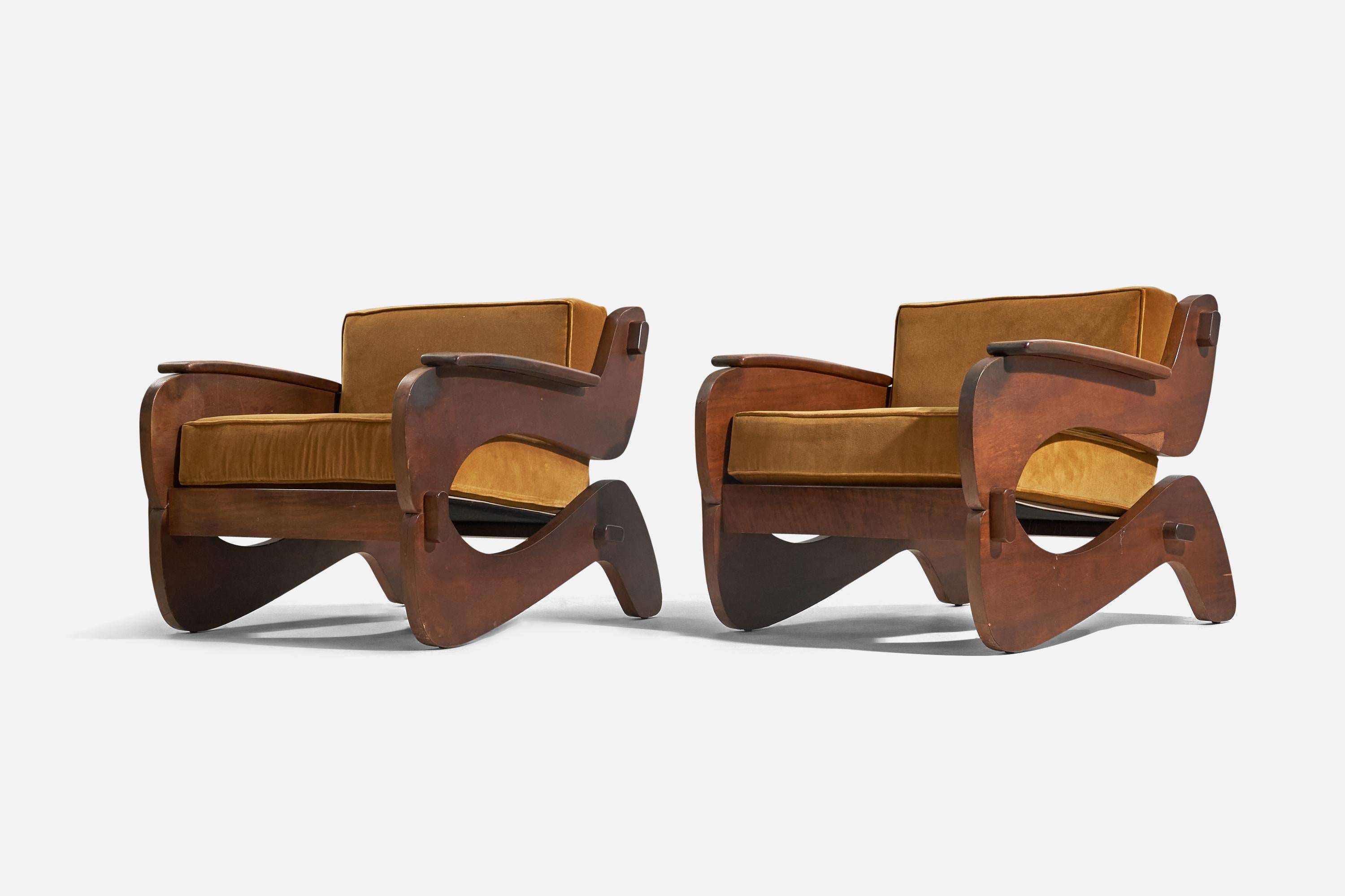 South African Grafton Everest, Lounge Chairs, Wood, Velvet, South Africa, c. 1970s