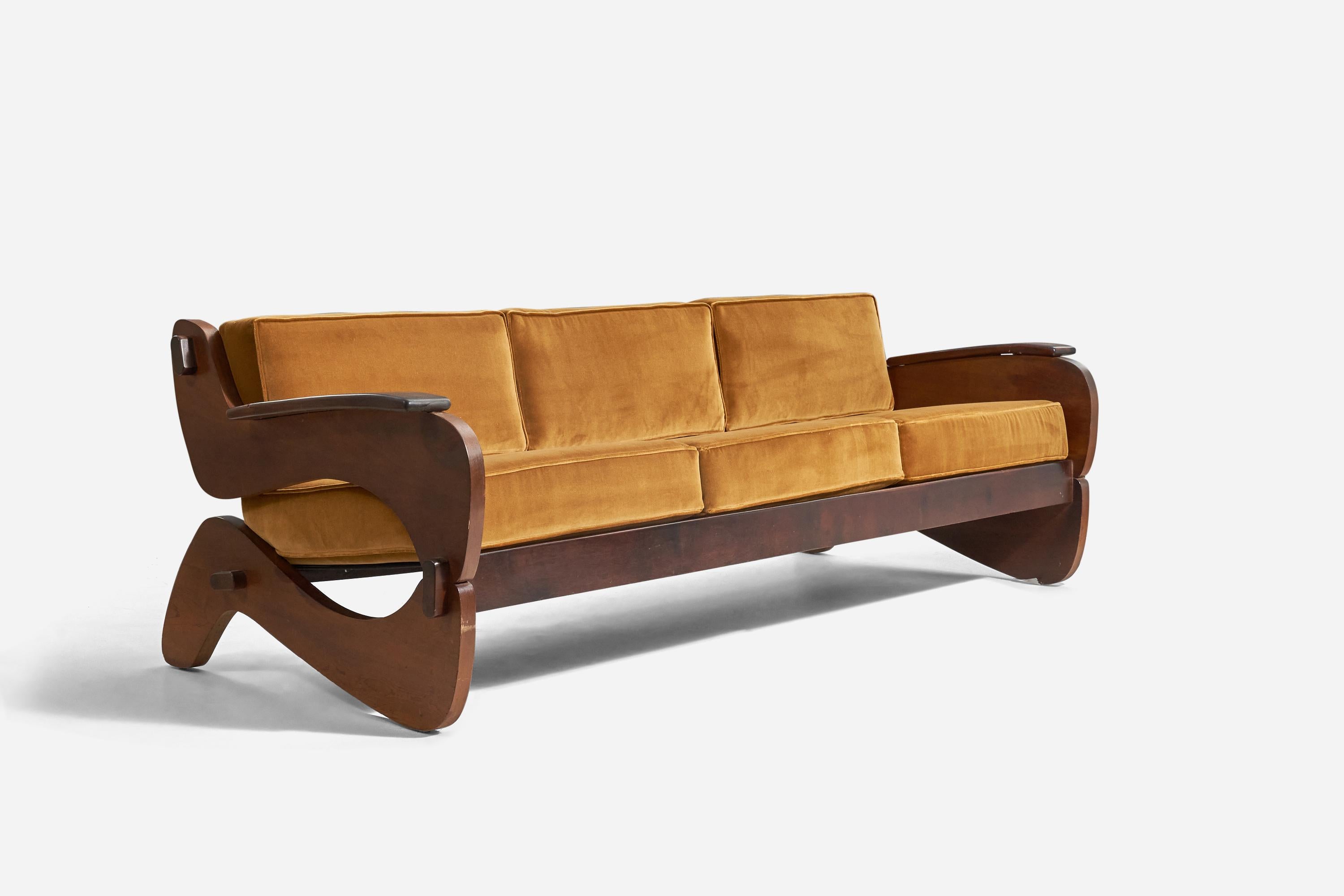 A wood and velvet sofa designed and produced by Grafton Everest, South Africa, c. 1970s.