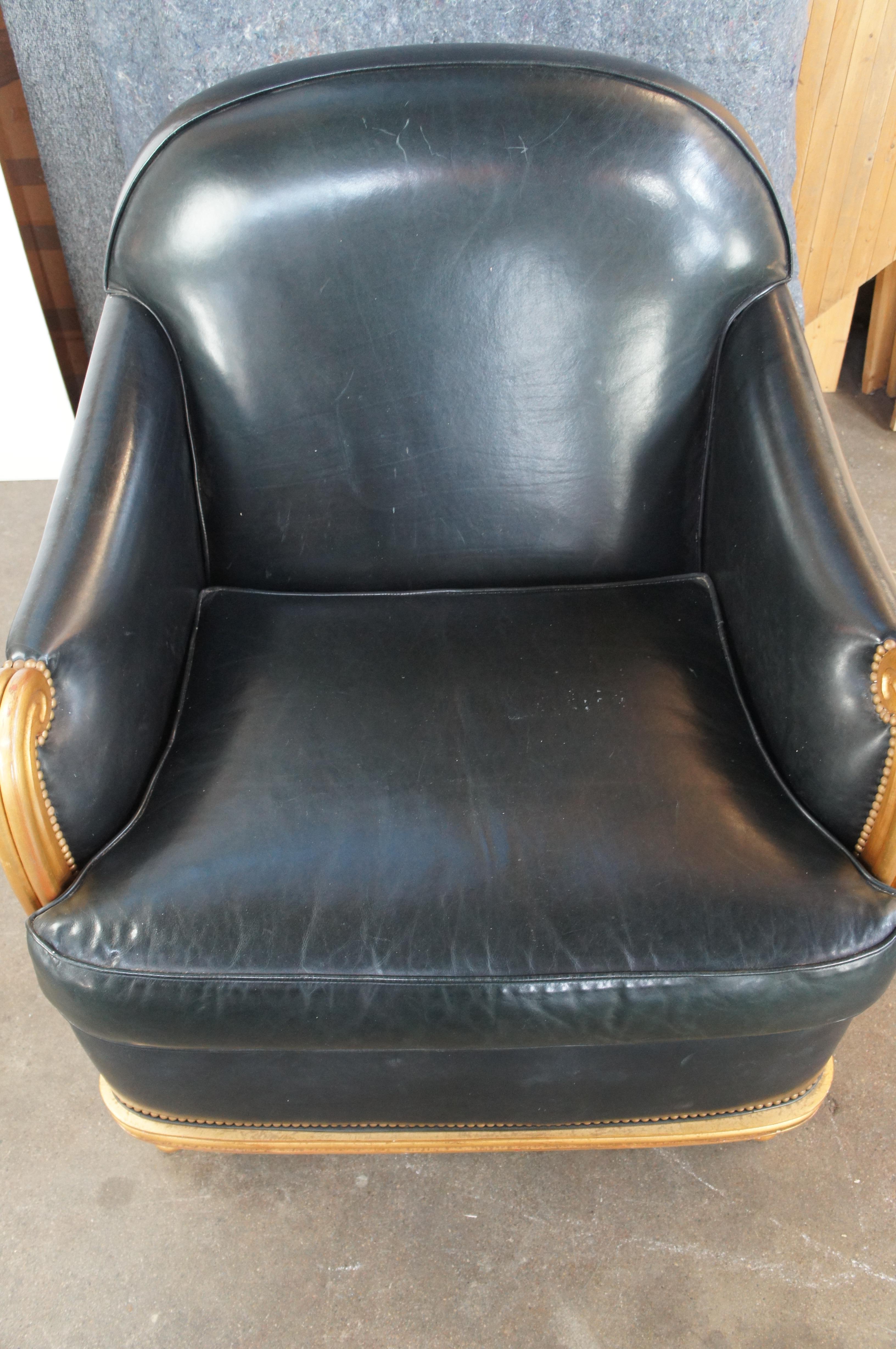 Grafton Furniture French Art Deco Black Leather & Gold Library Club Lounge Chair For Sale 7