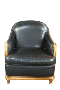 Grafton Furniture French Art Deco Black Leather & Gold Library Club Lounge Chair