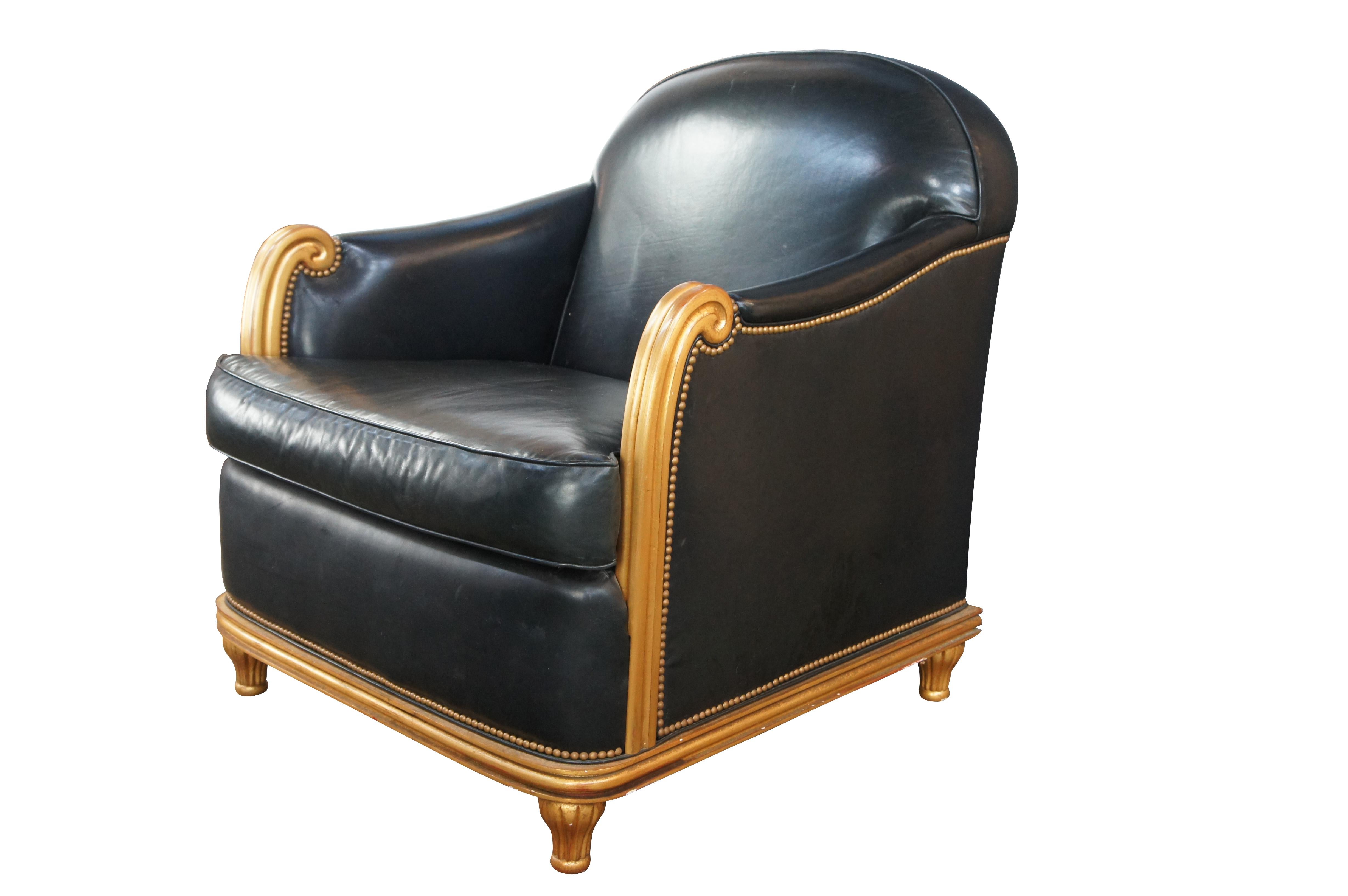 Grafton Furniture French Art Deco Black Leather & Gold Library Club Lounge Chair In Good Condition For Sale In Dayton, OH
