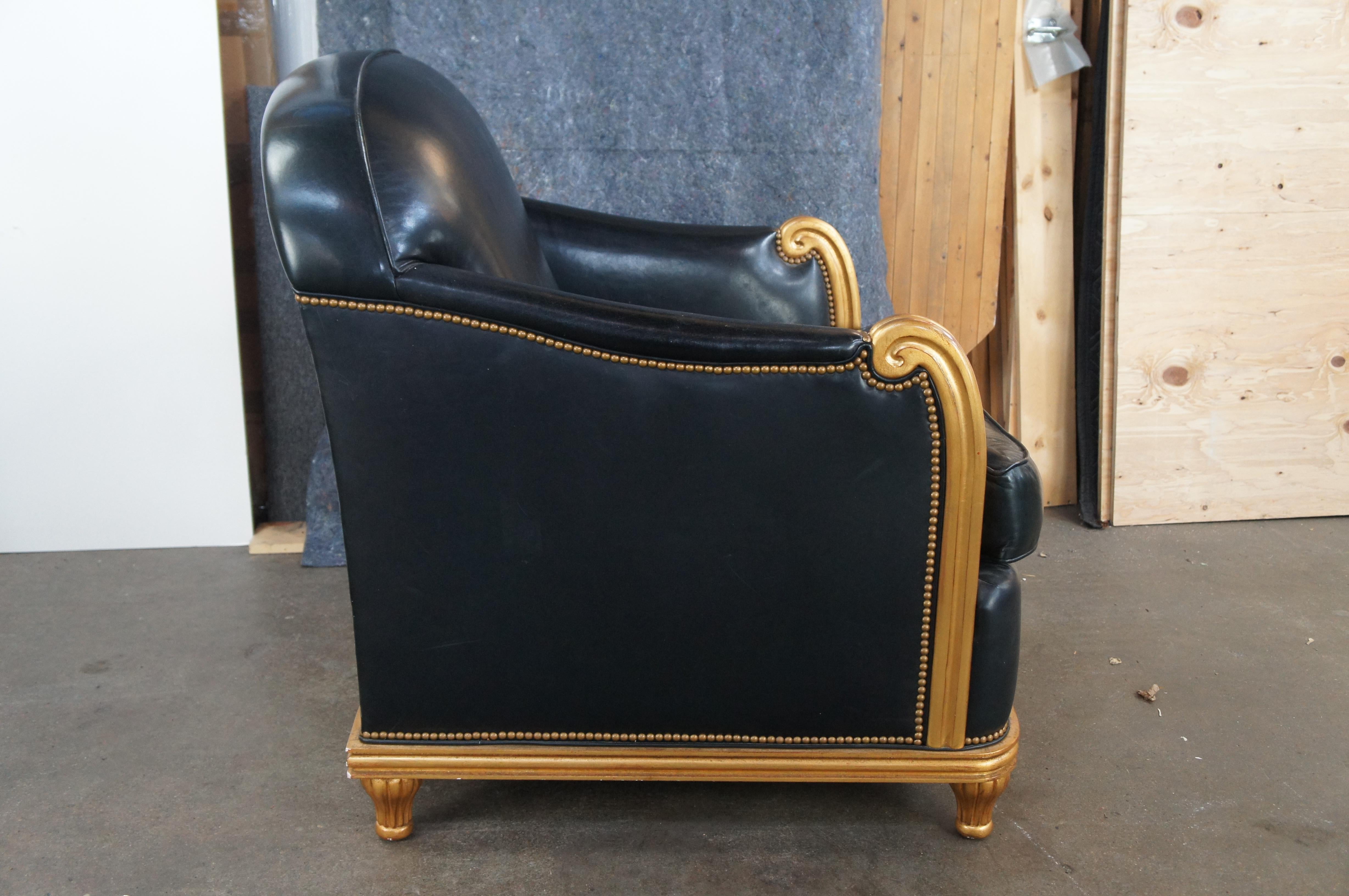 Grafton Furniture French Art Deco Black Leather & Gold Library Club Lounge Chair For Sale 2