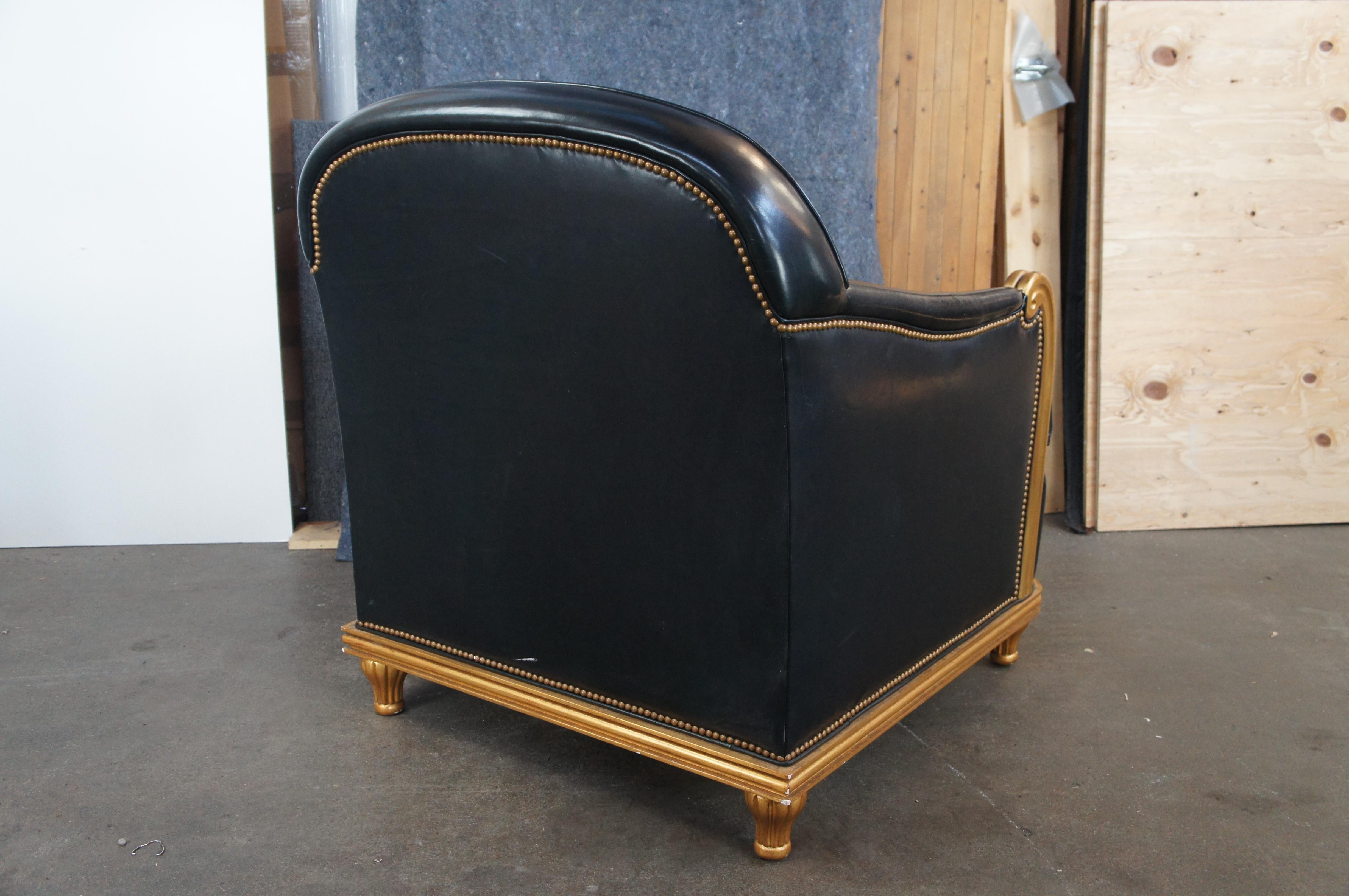 Grafton Furniture French Art Deco Black Leather & Gold Library Club Lounge Chair For Sale 3