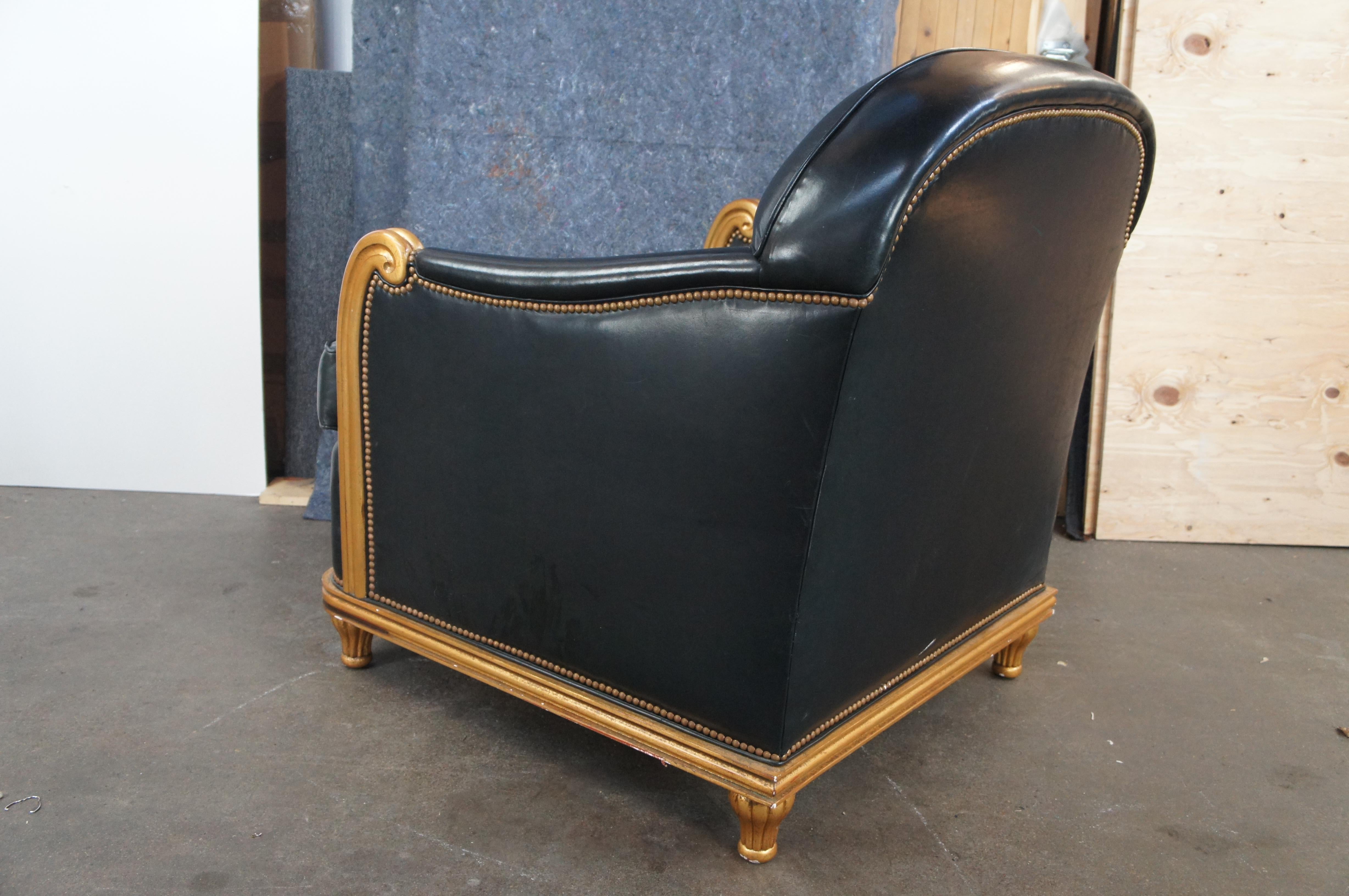 Grafton Furniture French Art Deco Black Leather & Gold Library Club Lounge Chair For Sale 5