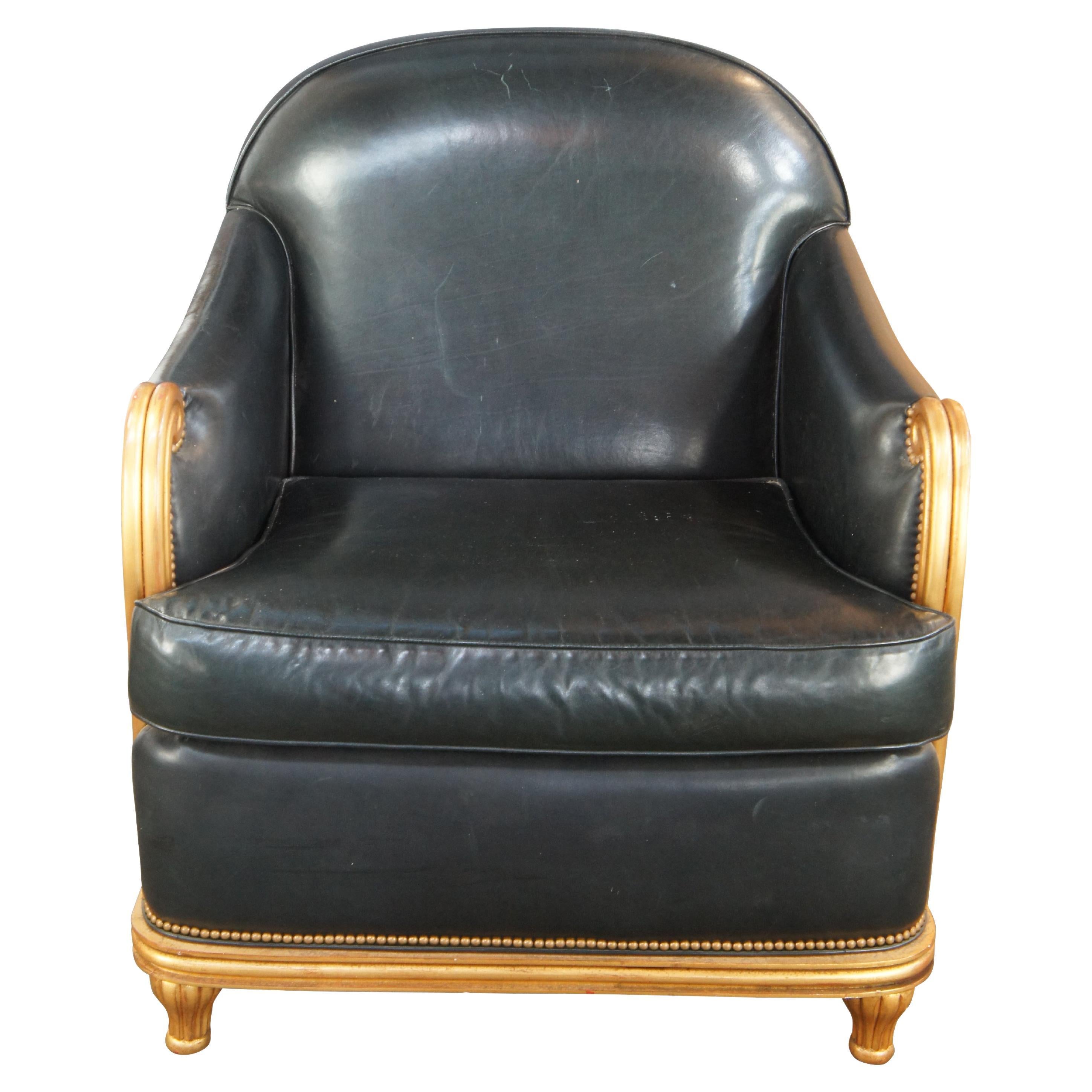 Grafton Furniture French Art Deco Black Leather & Gold Library Club Lounge Chair For Sale