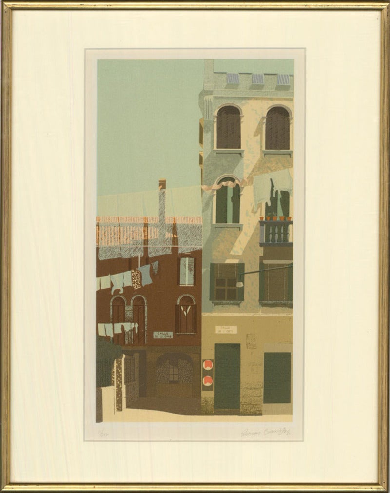 A well executed, crisp silkscreen print showing Calle De Le Cape in Venice. The artist has signed and numbered (11/300) to the lower edge and the print has been presented in a simple gilt frame with card mount. On wove.


