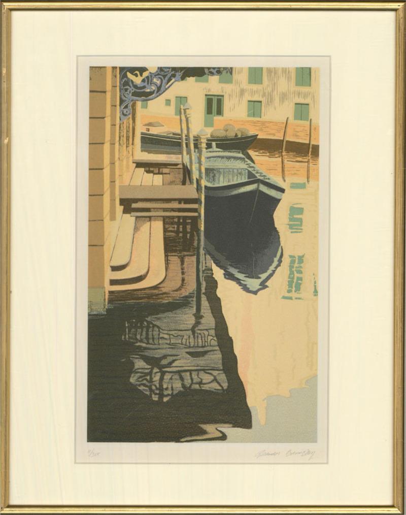 A well executed, crisp silkscreen print showing a back street canal in Venice with a boat reflecting in the rippling water. The artist has signed and numbered (11/300) to the lower edge and the print has been presented in a simple gilt frame with