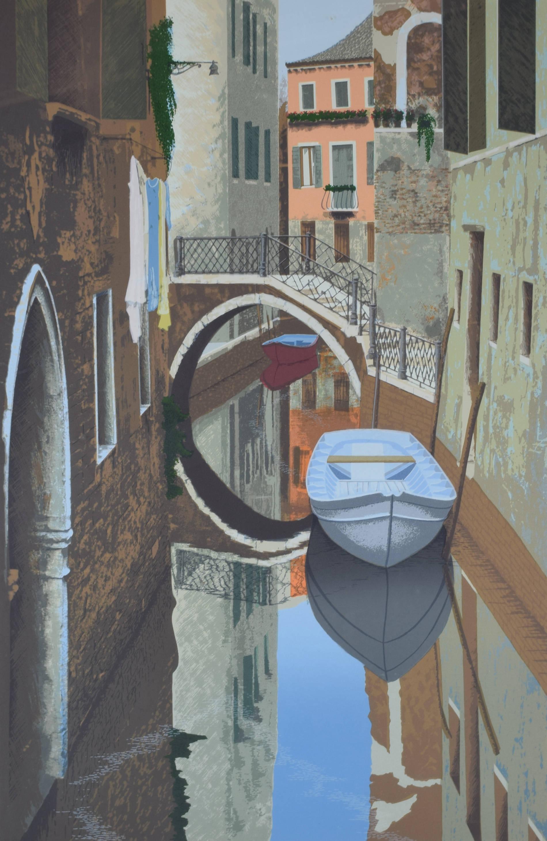 To see more, scroll down to "More from this Seller" and below it click on "See all from this Seller."

Graham Bannister (born 1954)
A Venetian Canal
Screenprint 
76 x 50 cm

A screenprint of one of Venice's canals, crossed by an iron-railed bridge.