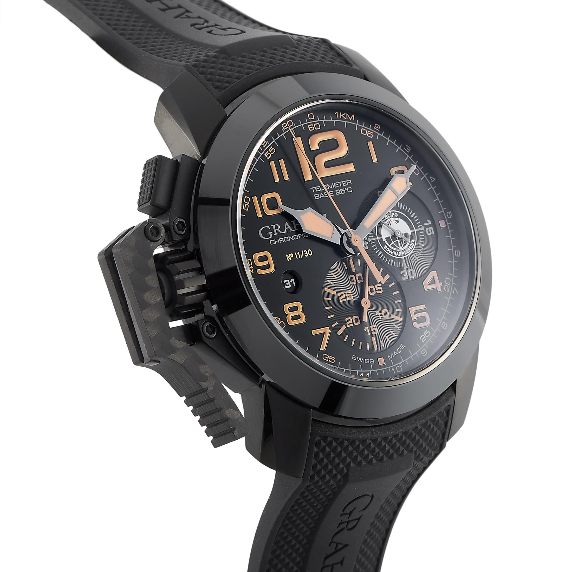 A time capsule that connects today to yesterday, the Graham Chronofighter Sniper, reference number 2CCAU.B34A, is a simple and refined timepiece born of expertise. With a black 47mm steel case, steel lugs, and a black ceramic bezel, you’ll find this