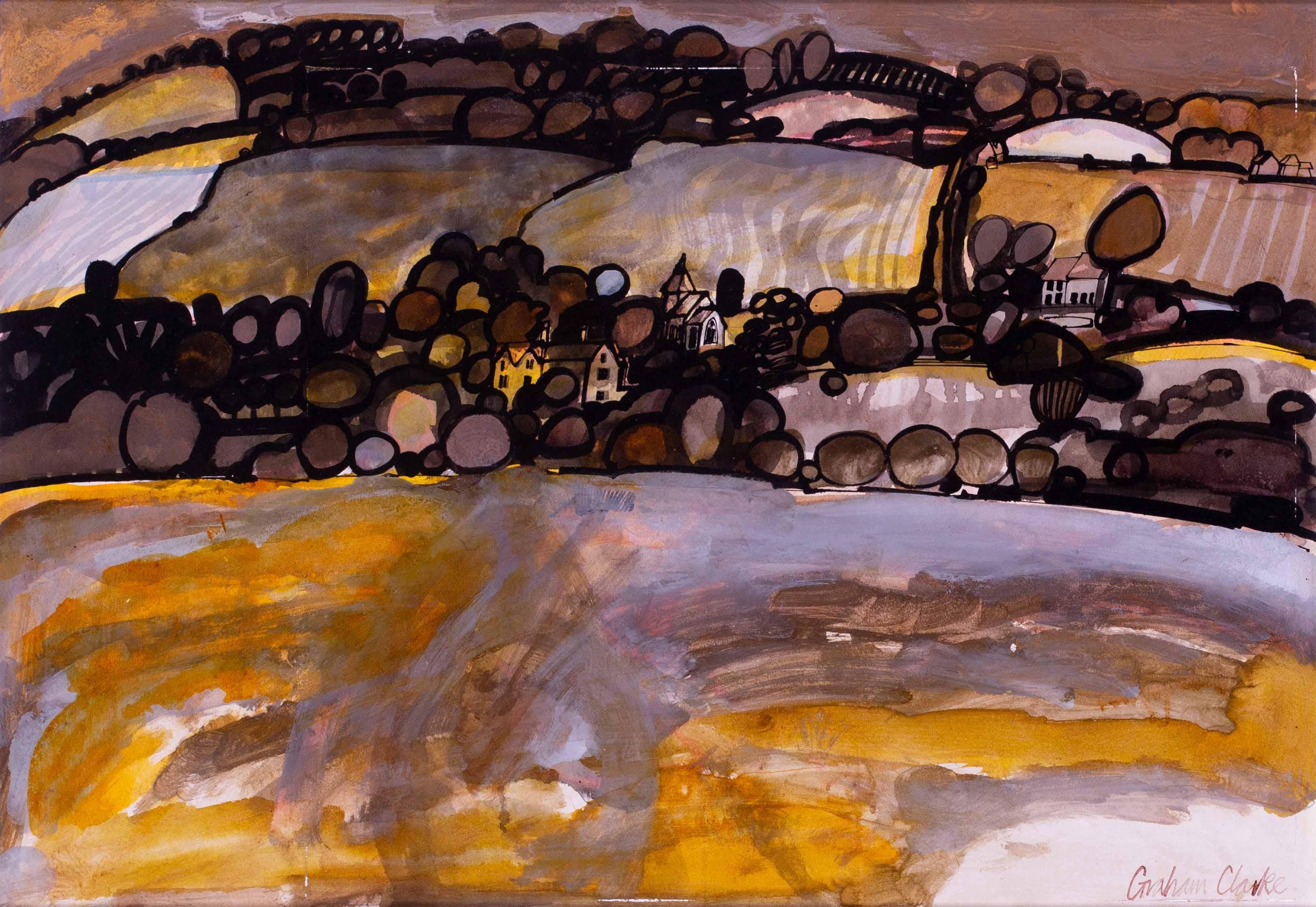 20th Century British ink landscape painting of a village in a valley - Post-Impressionist Painting by Graham Clarke