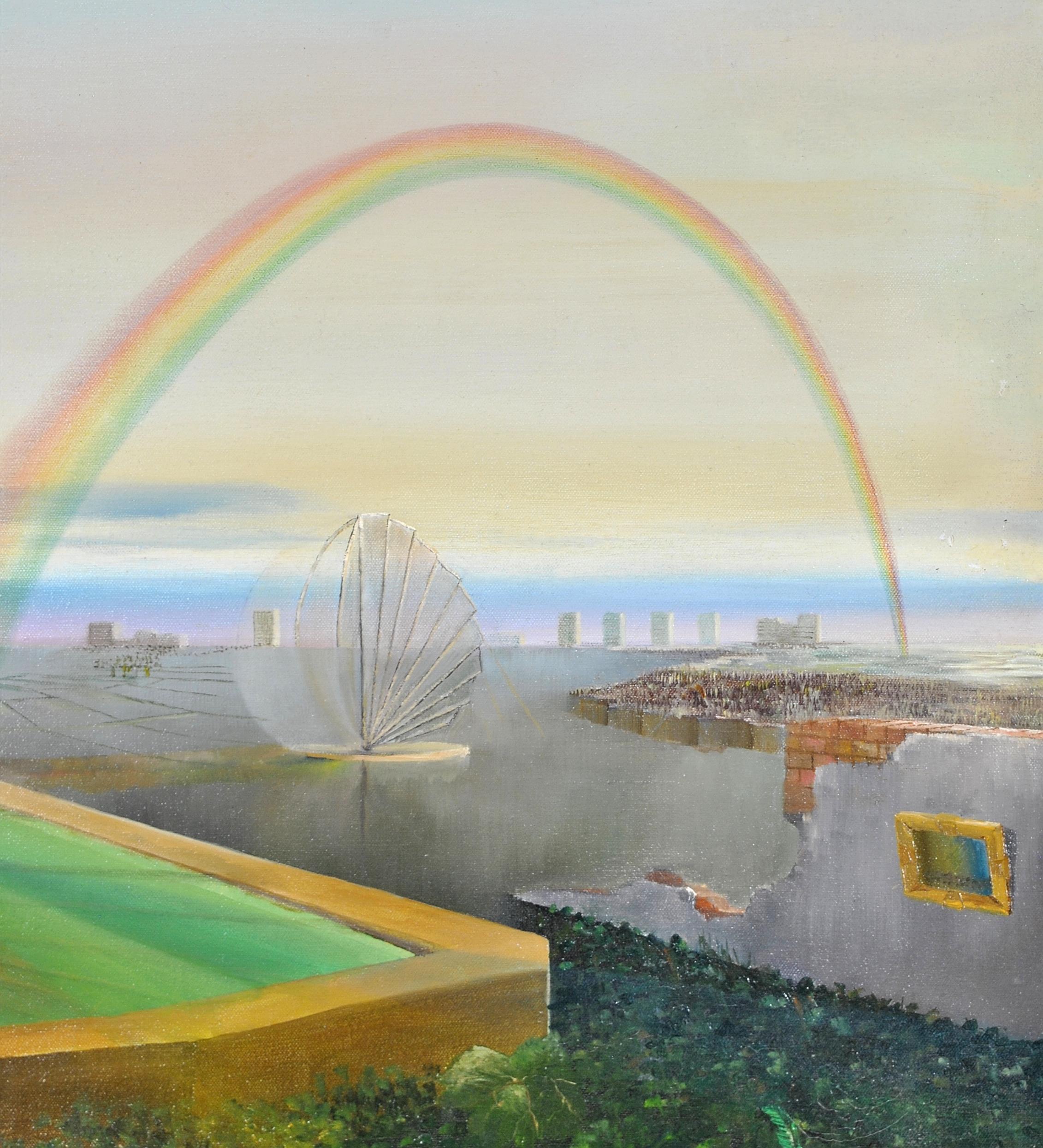 A beautiful 1960's oil on canvas by Graham Clarke depicting a surrealist landscape with rainbow and gilt framed painting on a wall. A stunning and unusual painting presented in a bespoke gilt frame. Leading example of this well known artists