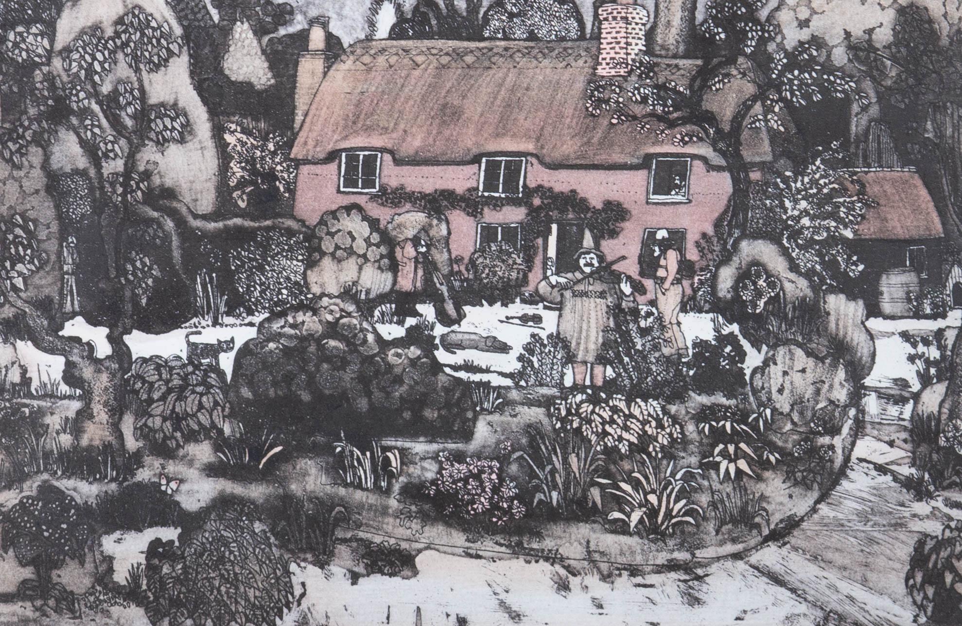 A charming and fun acid etching in Clarke's typical naive style, showni the cottage and garden of the famous English writer, Thomas Hardy, who can be seen playing a violin out in the garden. The etching is signed in graphite to the lower right and