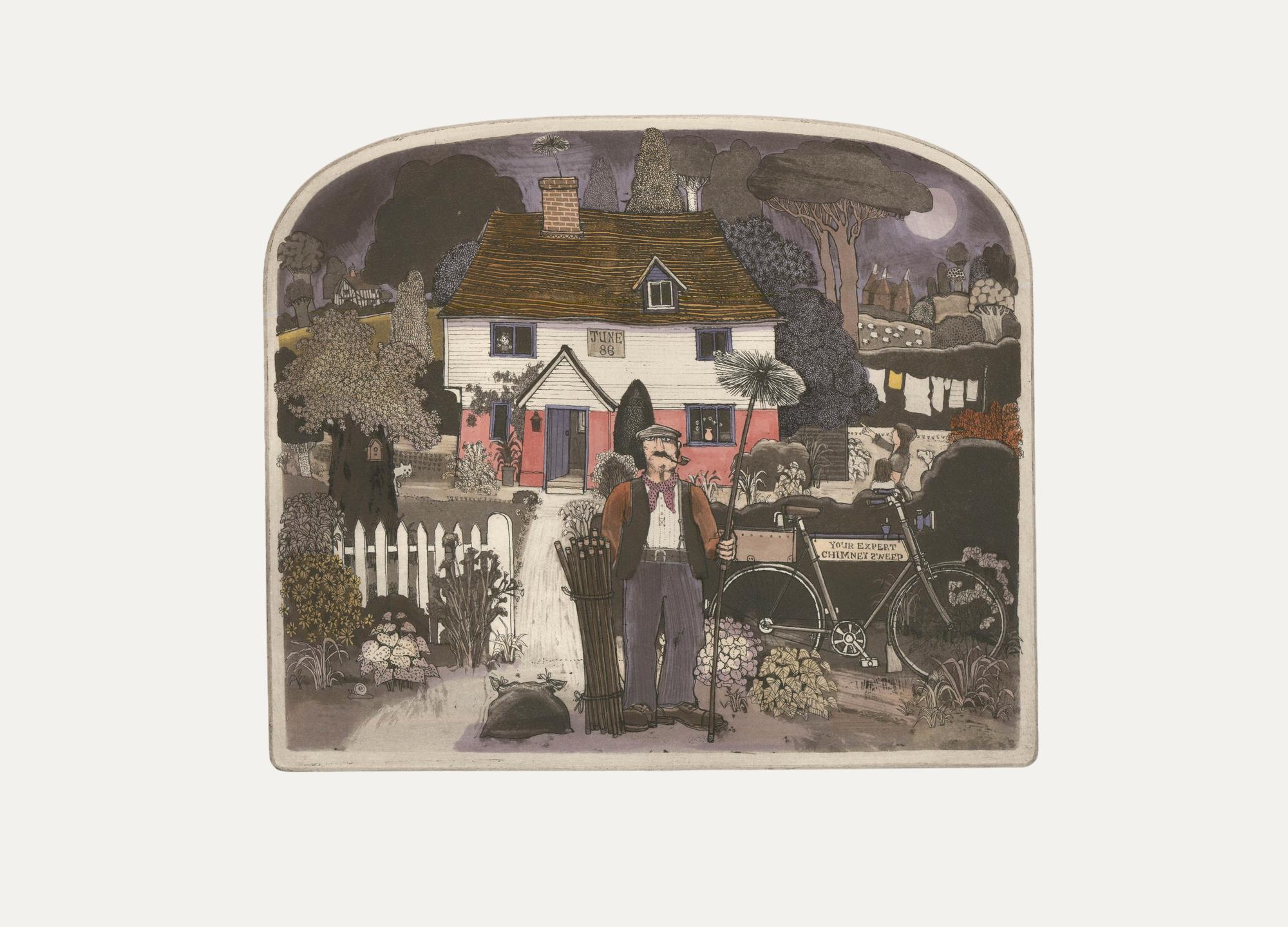 A charmingly naive etching in colour by the notable British printmaker, Graham Clarke. The scene depicts a cottage with a garden full of plants and trees. A chimney sweep stands in front of the garden gate with his bicycle, proudly holding his