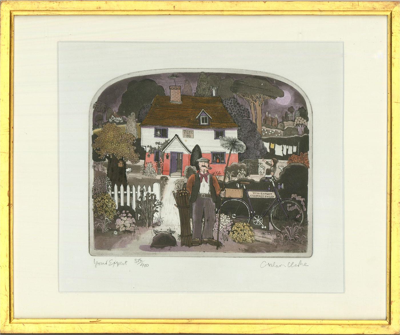A charmingly naive etching in colour by the notable British printmaker, Graham Clarke. The scene depicts a cottage with a garden full of plants and trees. A chimney stands in front of the garden gate with his bicycle, proudly holding his broom.