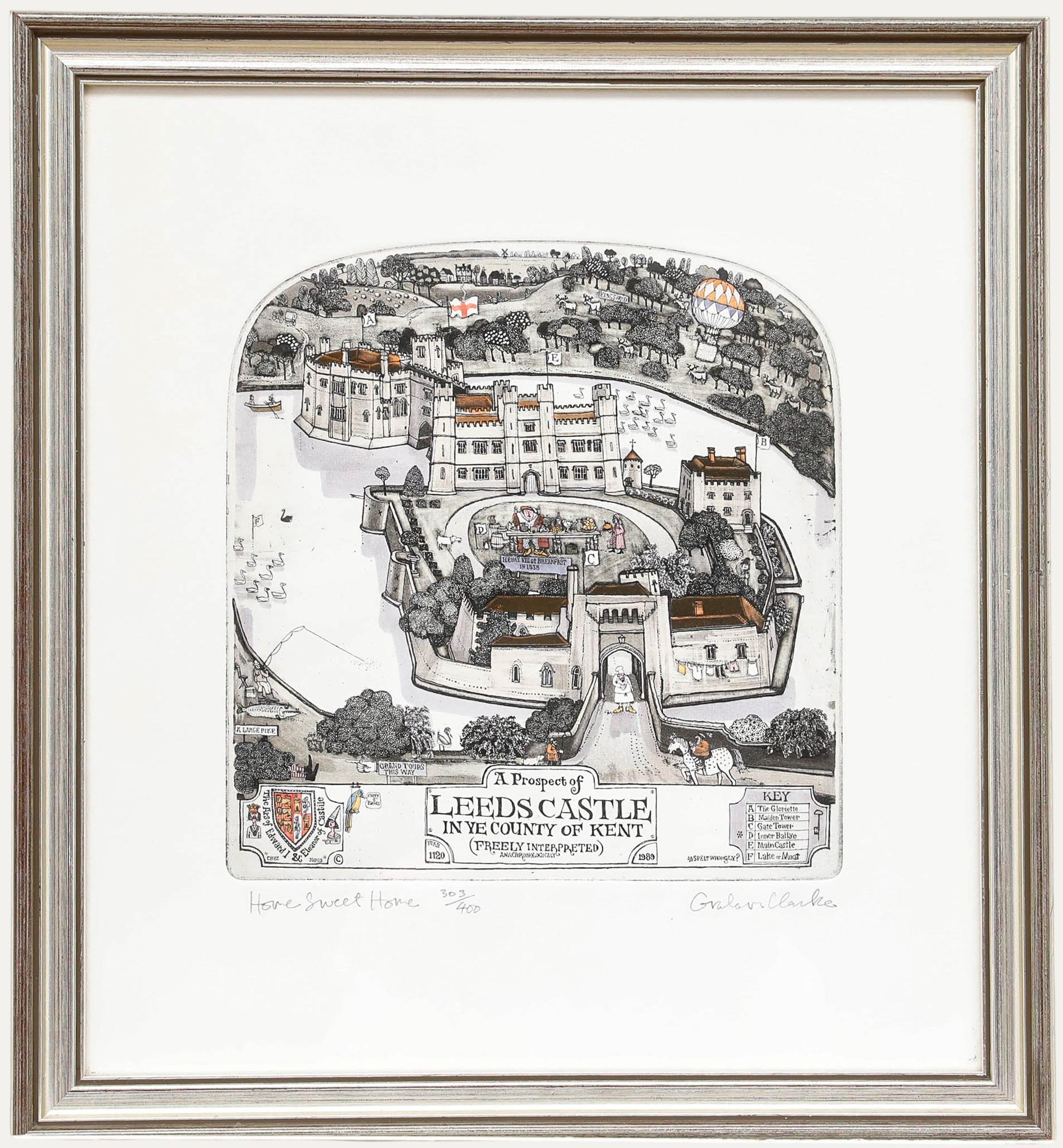 Un delicioso mapa pictórico del castillo de Leeds, obra del reconocido artista Graham Clarke (nacido en 1941). Firmado y titulado en el margen inferior. Numerada 303/400. Bien presentado en un marco de plata dorada. Sobre el papel.