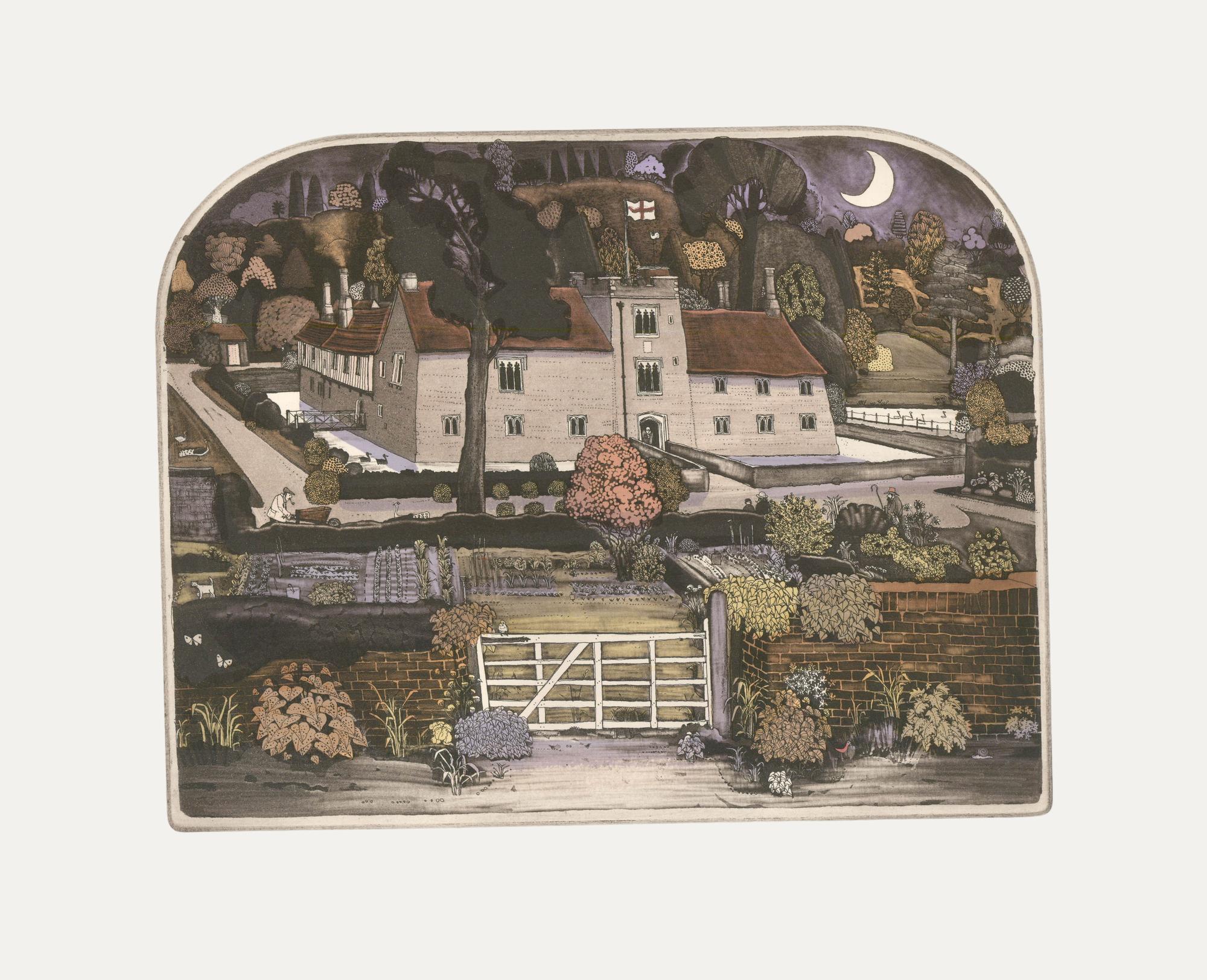 Un grabado en color encantadoramente ingenuo del notable grabador británico Graham Clarke. La escena representa Ightham Mote, una propiedad del National Trust en Sevenoaks, Kent. Firmado y titulado a lápiz en el margen inferior. Numerada 332/350.
