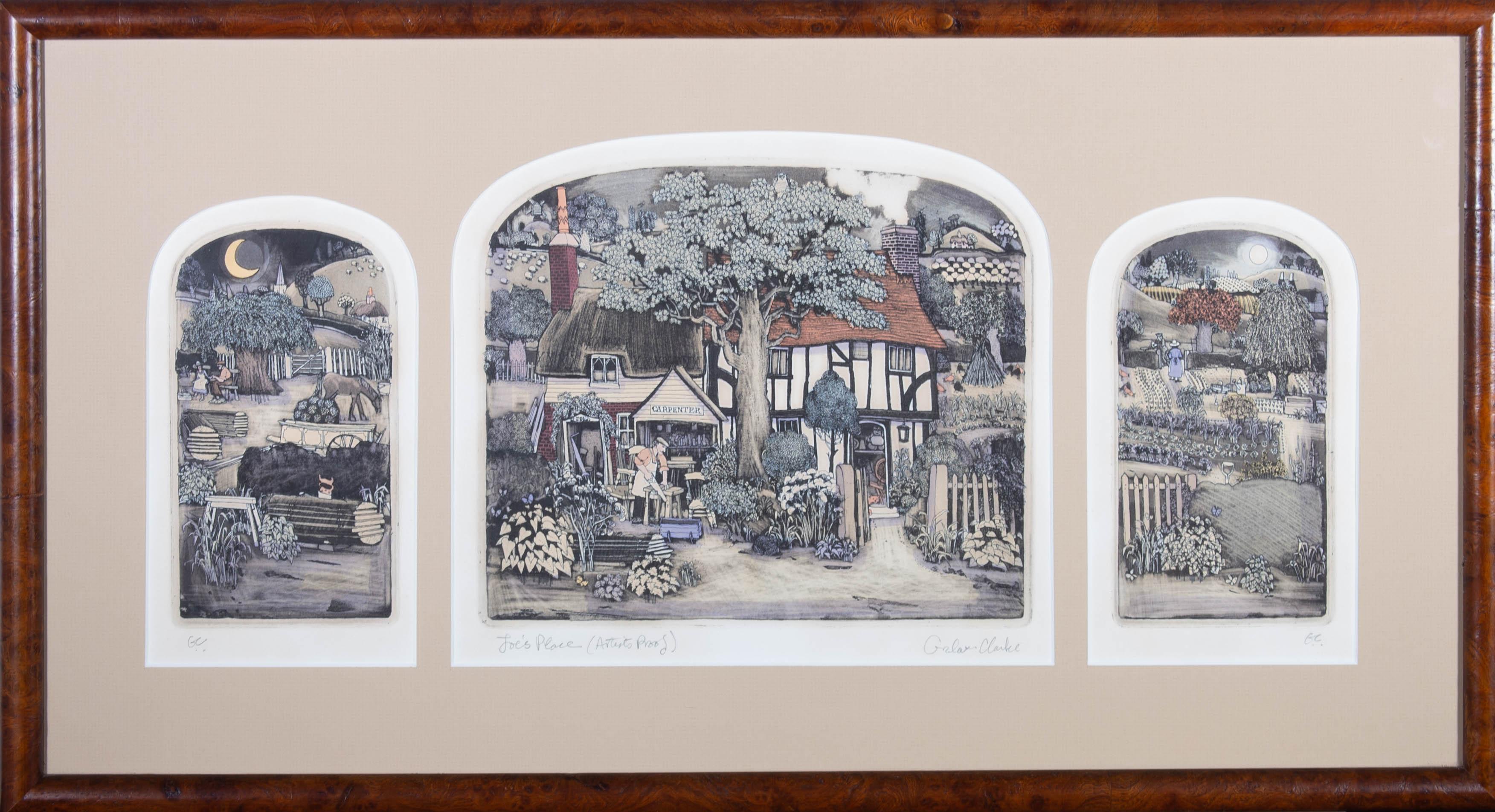 A fun and charmingly naive etching in colour by the notable British printmaker, Graham Clarke. This jolly triptych shows the carpenter's cottage and workshop of "Joe," at night, with garden scenes on either side. The middle panel has been signed and