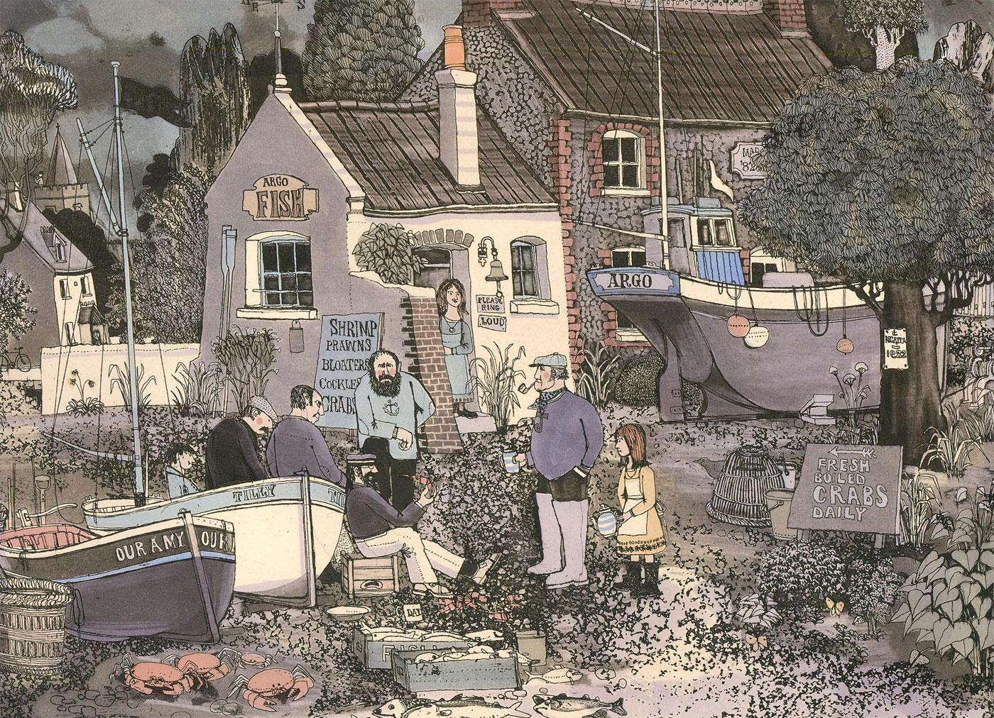 A naive etching in colour by the notable British printmaker, Graham Clarke. The scene depicts a fisherman's cottage with beached boats out front. A young girl can be seen filling cups with tea for her dad's fisherman friends, while her mother waits