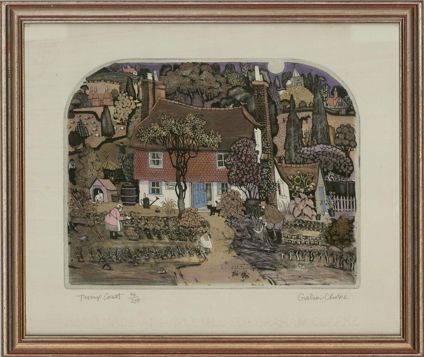 A very handsome etching with aquatint by the artist Graham Clarke (b.1941), entitled 'Turnip Court.' The scene shows a bustling farm cottage with a turnip patch out front. Animals wander through the vegetables and a man and woman tend to the
