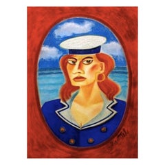 Graham Knuttel Lady at Sea Pastel Irish Artist Painter Framed Blue Red Gold