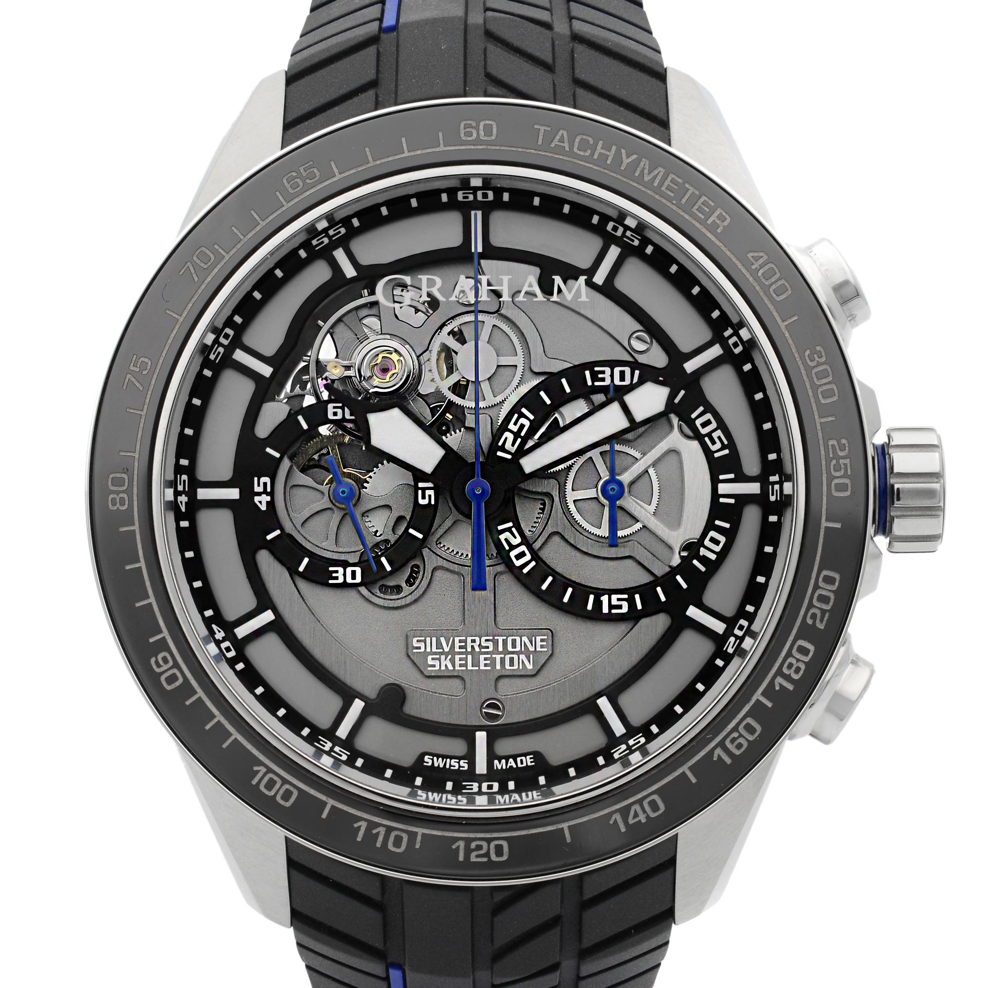 This display model Graham Silverstone RS Skeleton 2STAC3.B01A.K91F is a beautiful men's timepiece that is powered by mechanical (automatic) movement which is cased in a stainless steel case. It has a round shape face, chronograph, chronograph hand,