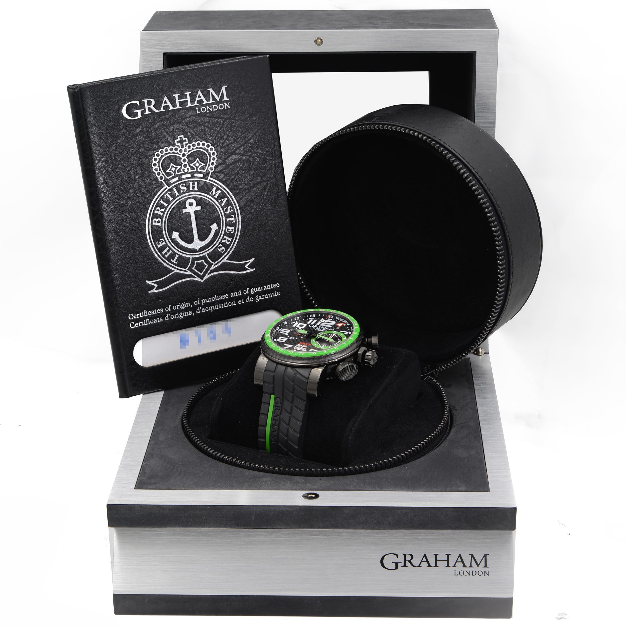 Graham Silverstone Stowe GMT Steel Black Carbon Dial Mens Watch 2BLCB.B07A.K56N In Good Condition In New York, NY