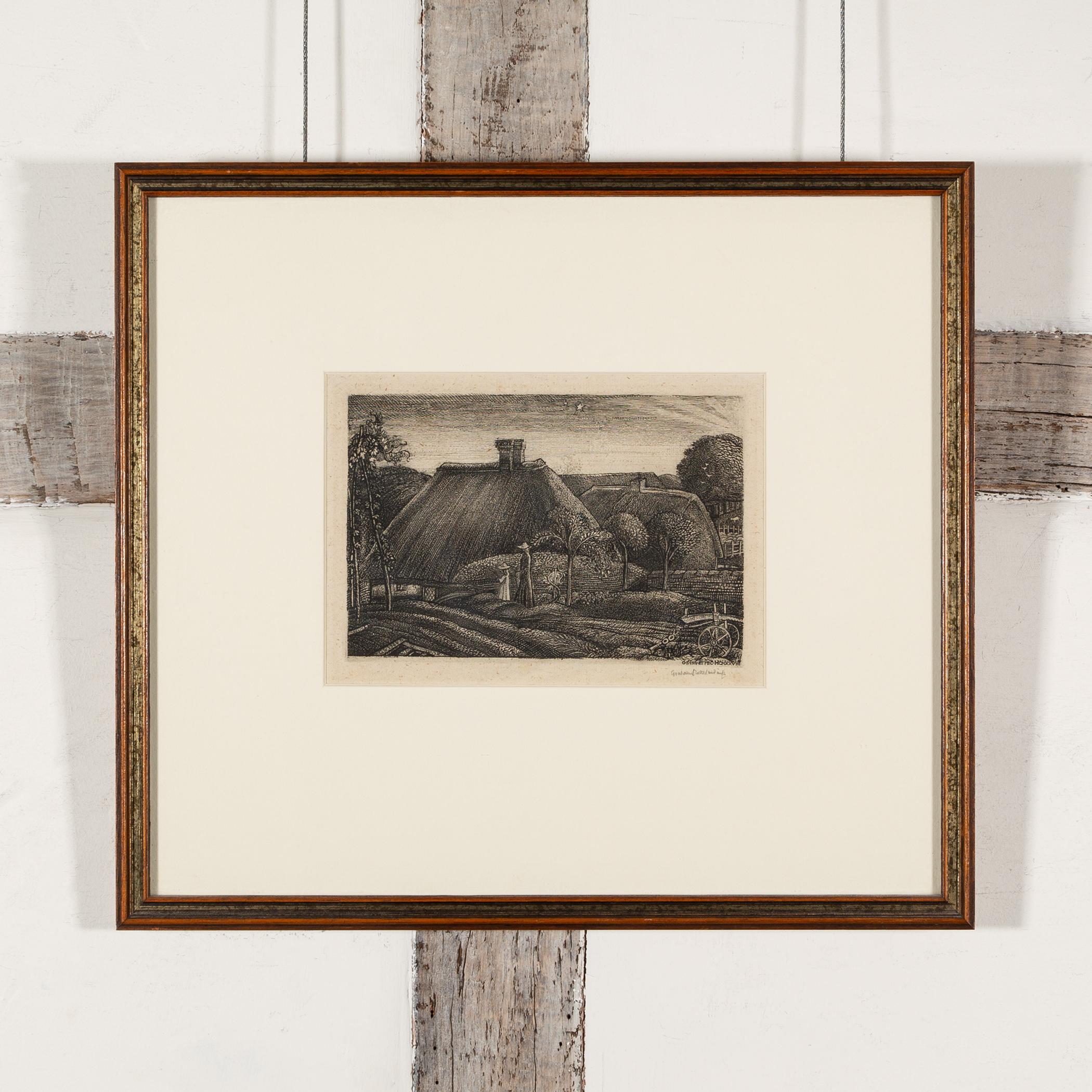 Lammas, 1926 - Paisaje rural al aguafuerte, con árboles, casa, jardines y figuras - Print de Graham Sutherland