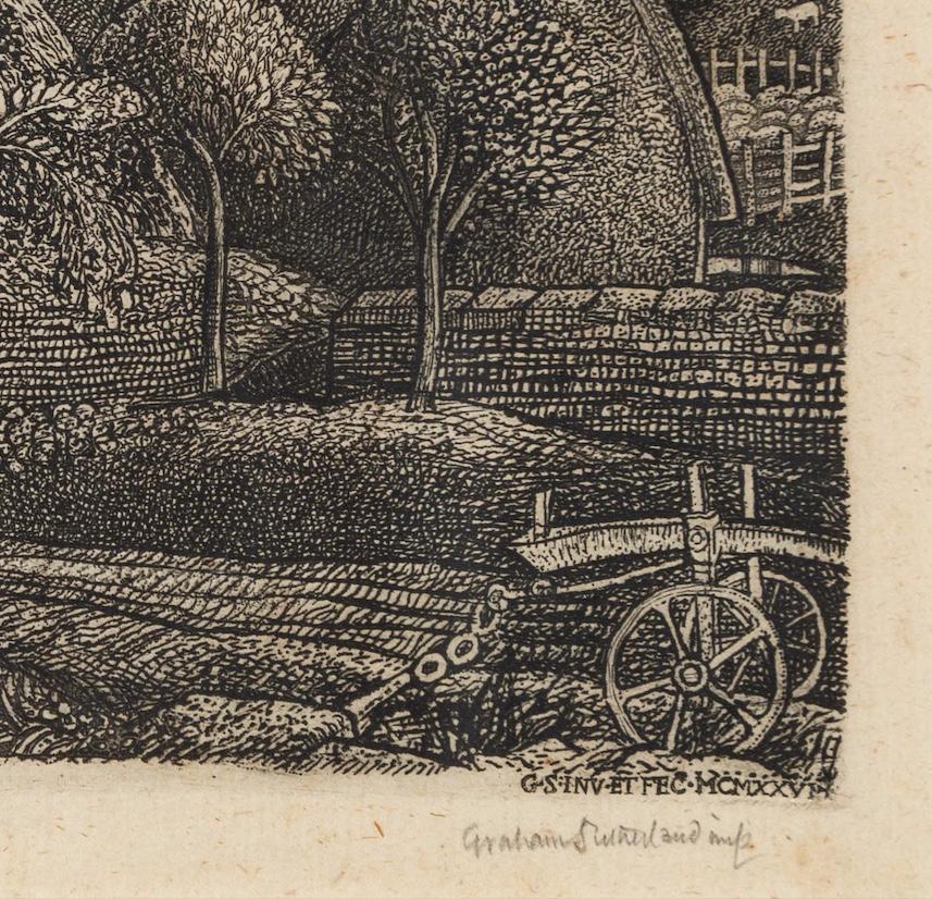 Lammas, 1926 - Paisaje rural al aguafuerte, con árboles, casa, jardines y figuras - Figurative Print Negro de Graham Sutherland